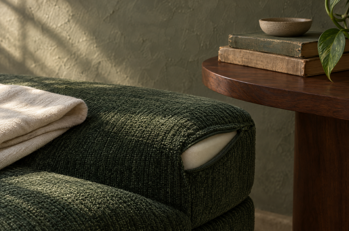 Close detail of a deep green ribbed chenille sofa cushion corner with its zip-off cover eased open at the seam, beside a folded cream cloth and a walnut side table edge, lit by low morning sun against a limewash plaster wall.