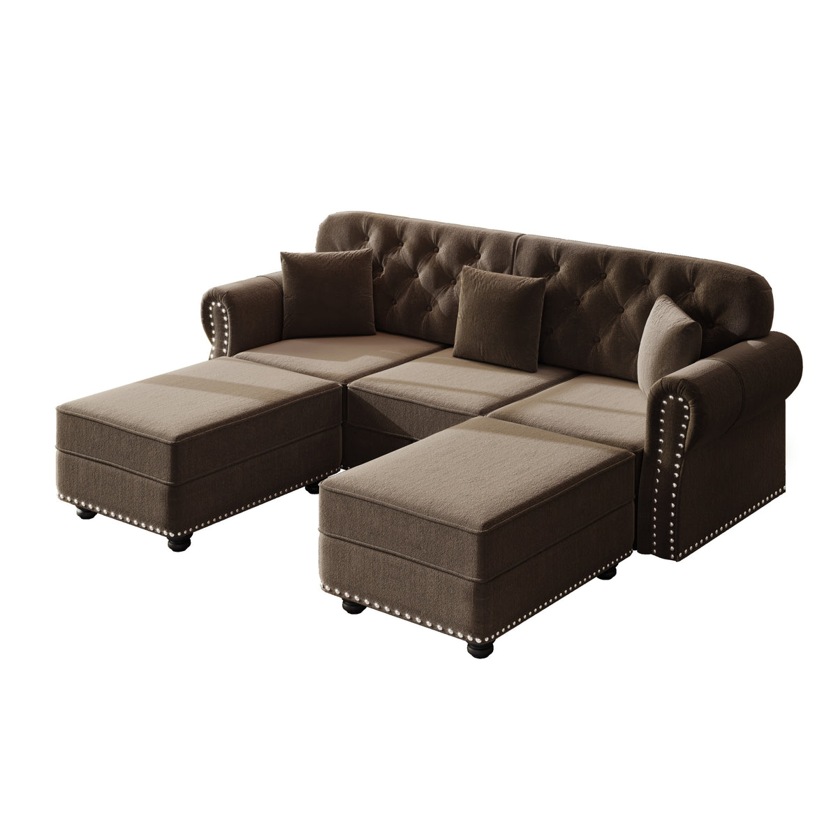 Brown Velvet 3-Seat Tufted Chesterfield Sofa with 2 Ottomans, 82.6 in Wide