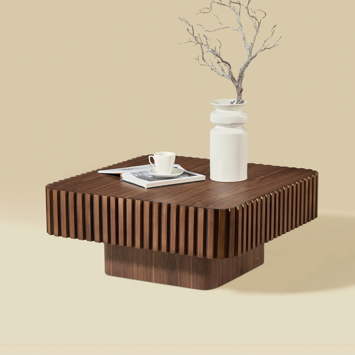 Walnut Square Fluted Pedestal Coffee Table, 31.5 in