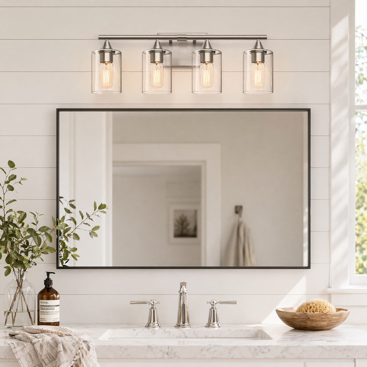 Vanity Light, 4-Light Iron Fixture with Clear Glass Shades, Silver