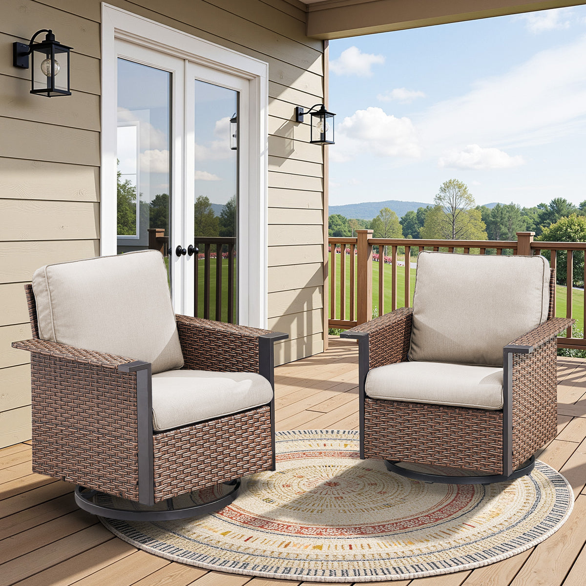 Brown Wicker Outdoor Glider Chair with Beige Cushions, Set of 2