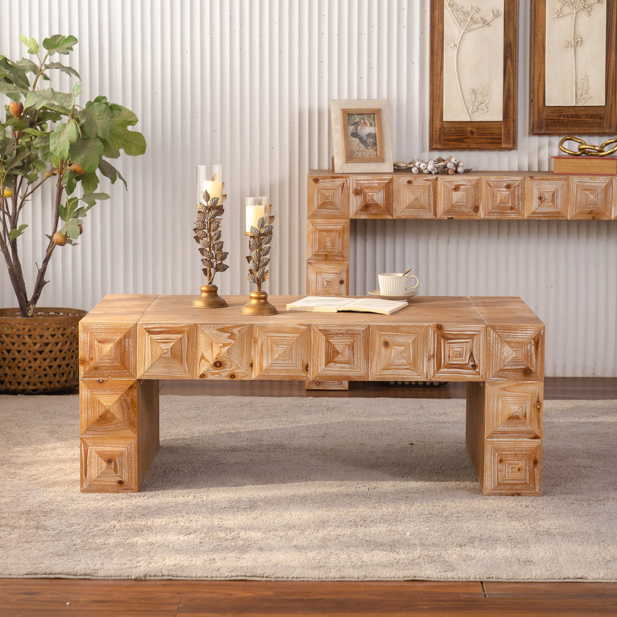 Natural Rustic Geometric Carved Coffee Table, 47.2 in