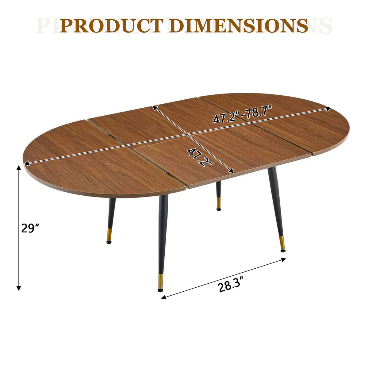 Dimension diagram of the oval extendable table showing 47 to 78in length and 29in height