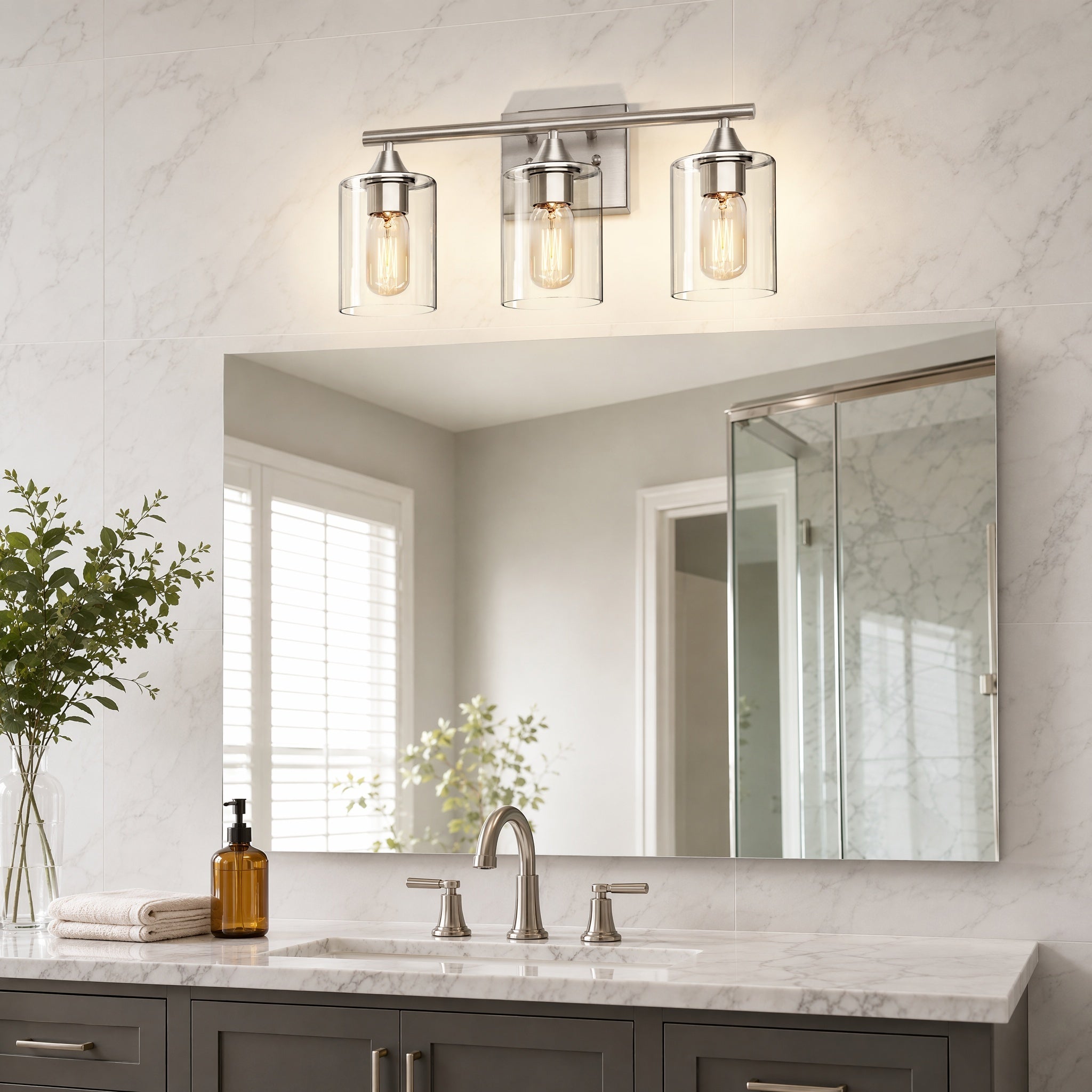 Vanity Light, 3-Light Iron Fixture with Clear Glass Shades, Silver