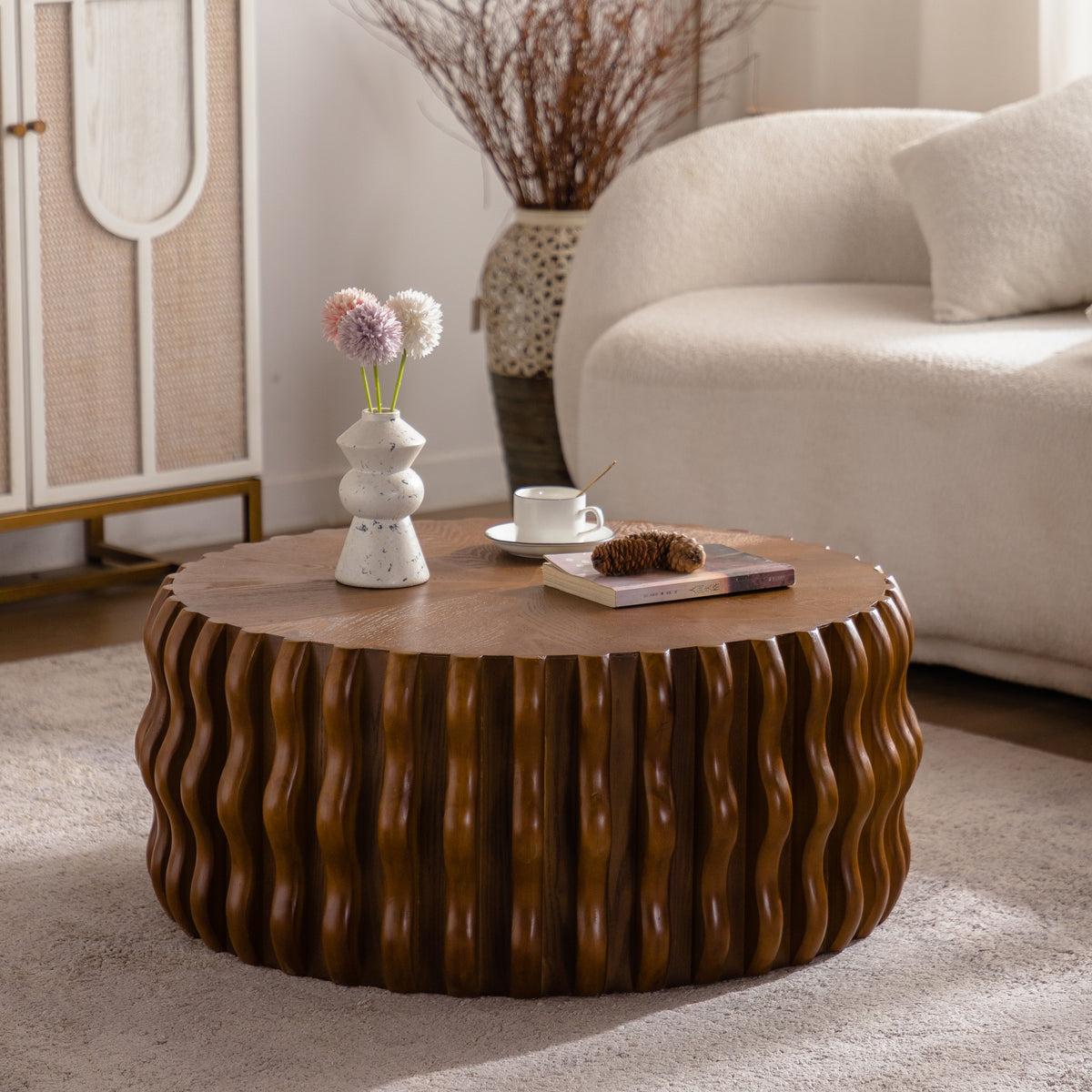 Walnut Wavy Fluted Round Coffee Table, 30.3 in