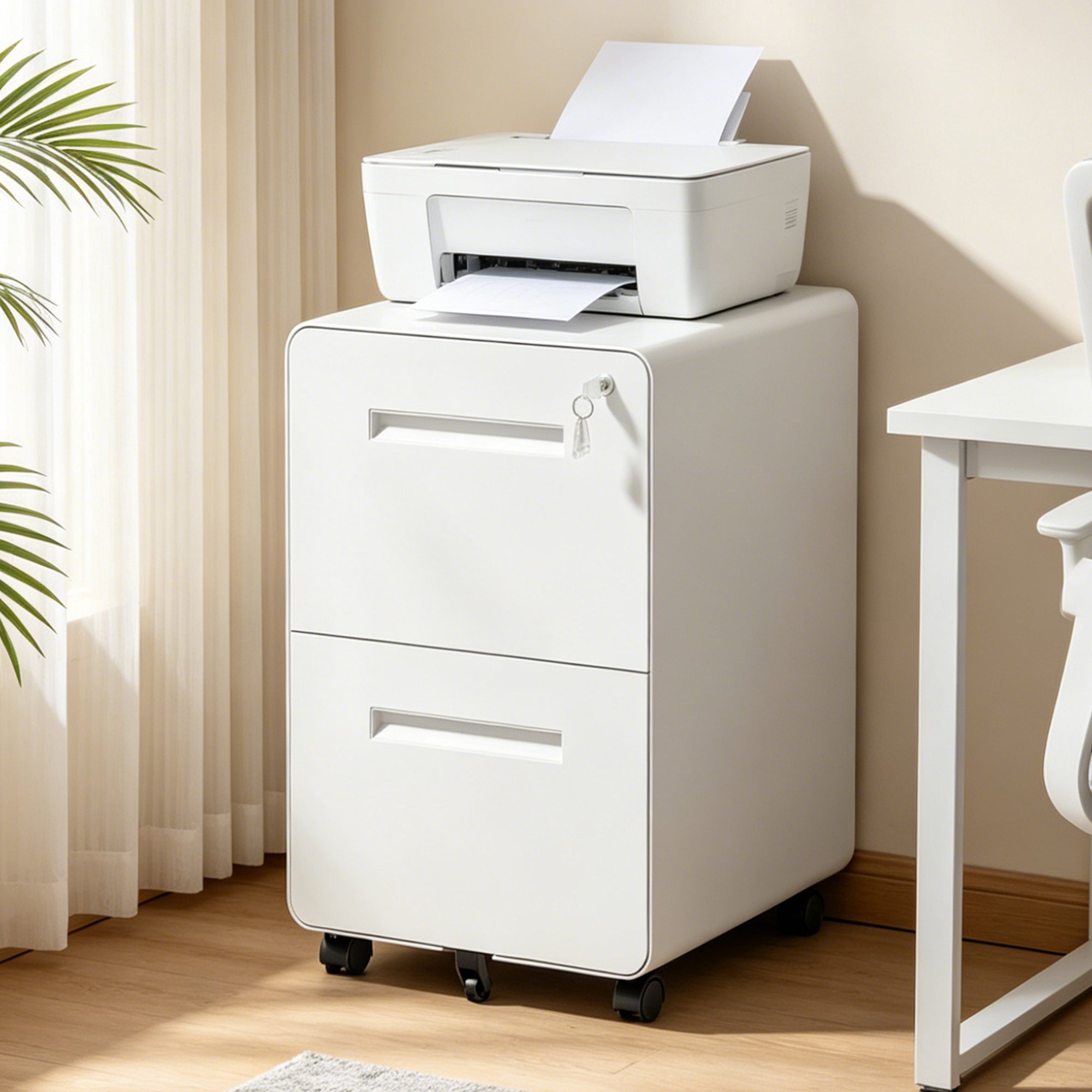 Rolling File Cabinet, 2 Drawers, Locking, 24.8 in Tall, White