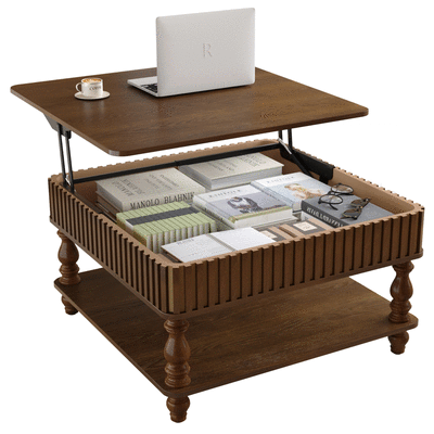 Walnut Fluted Square Lift-Top Coffee Table with Shelf, 31.5 in