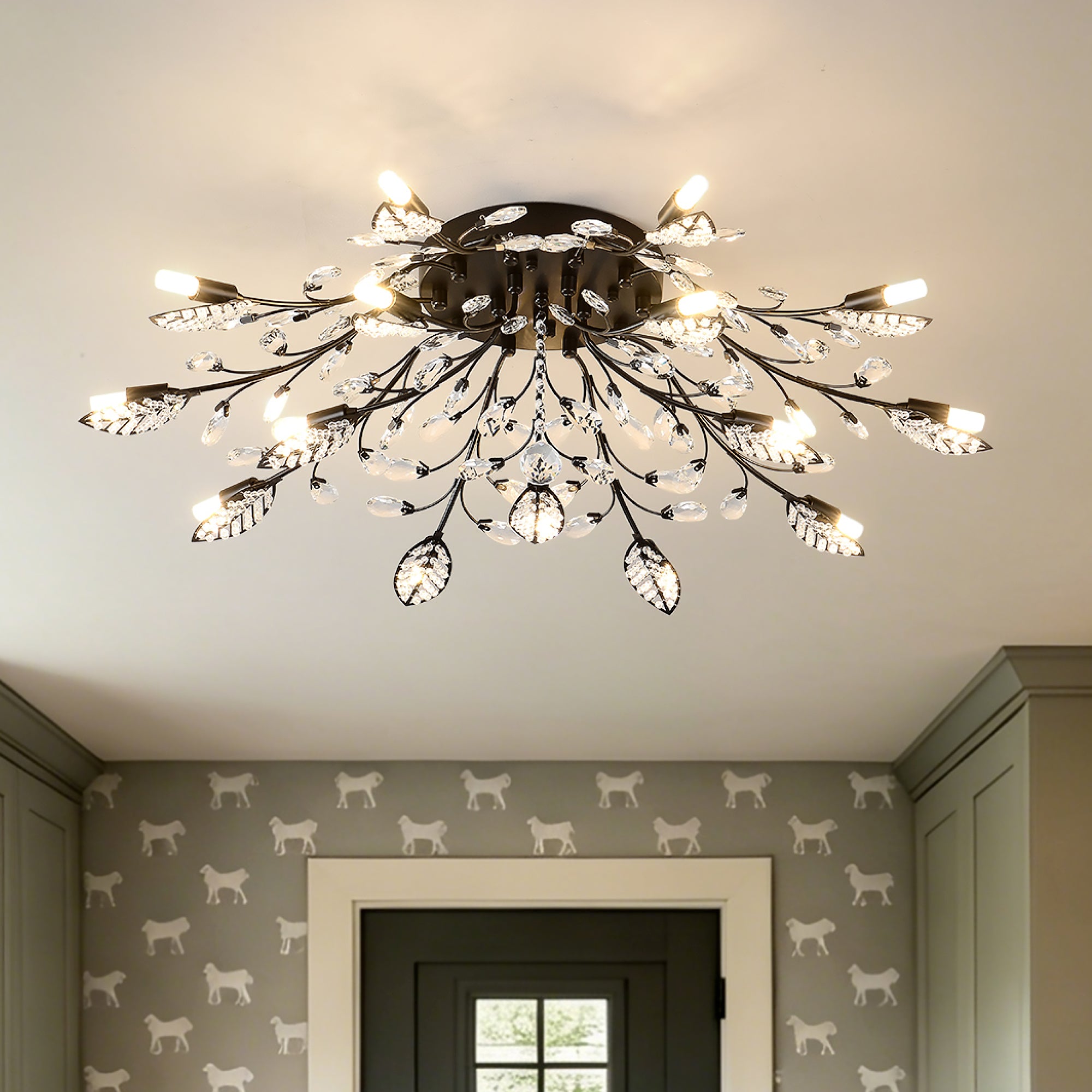 Matte Black Farmhouse 15-Light Chandelier, 34 in, Glass Shade