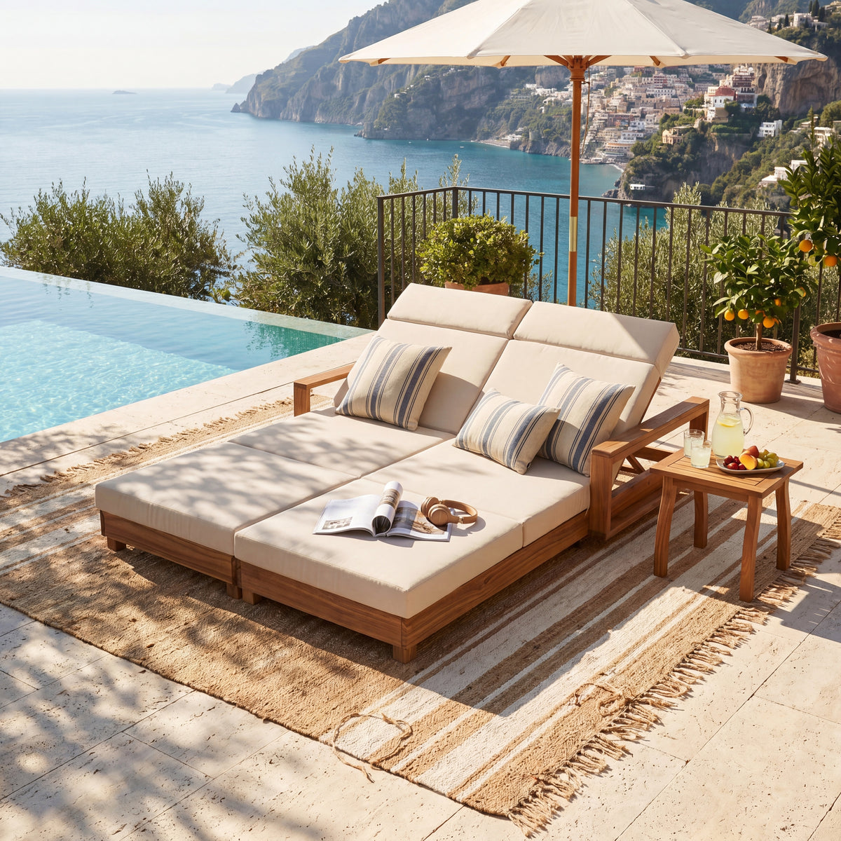 Natural Solid Wood Outdoor Double Chaise Lounge, Cream Cushion, 4-Fold Cushion