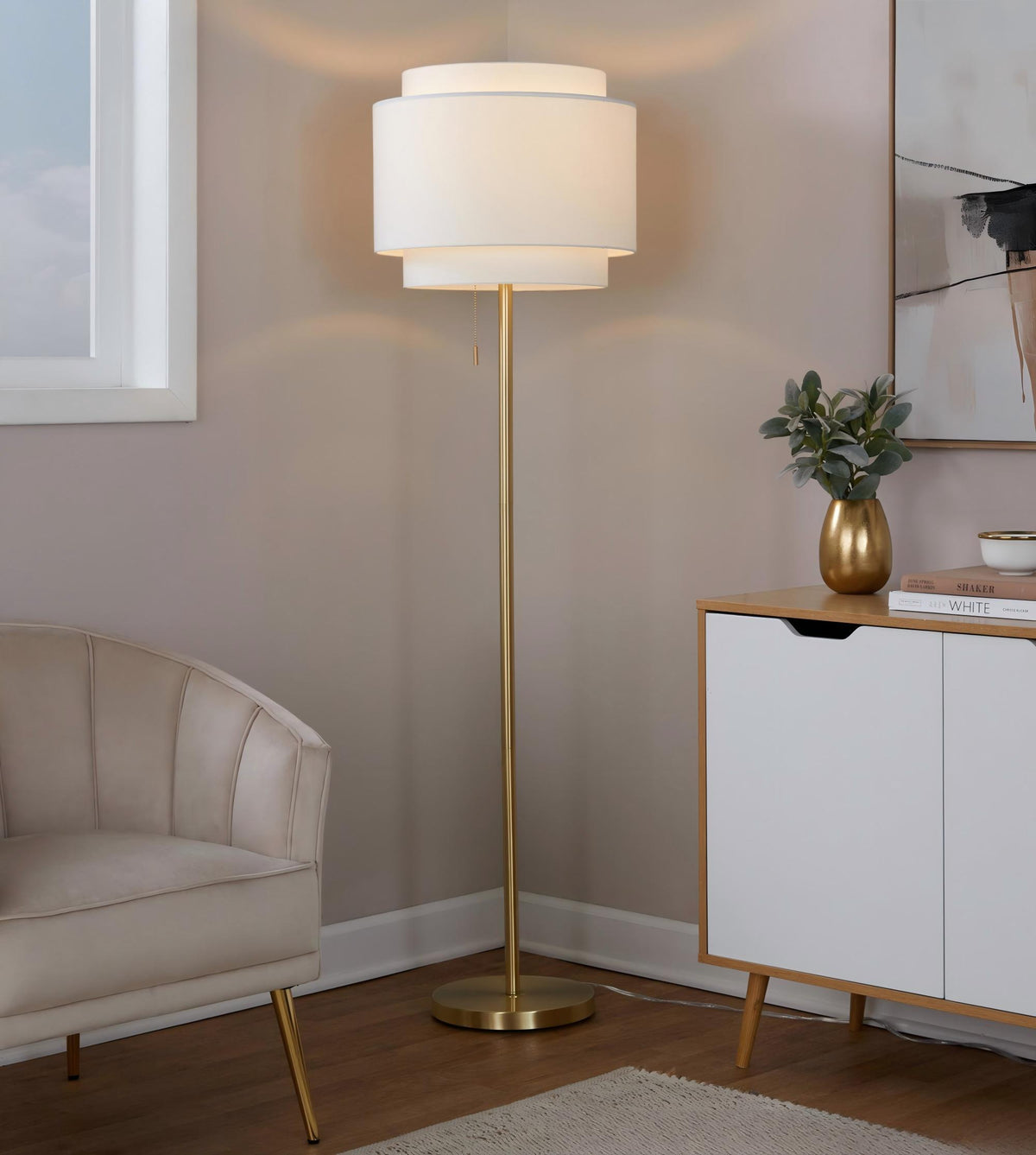 Floor Lamp with Off-White Linen Shade, Gold