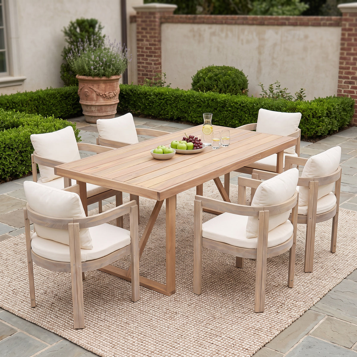 White Solid Wood 7-Piece Patio Dining Set for 6 with Cream Cushions
