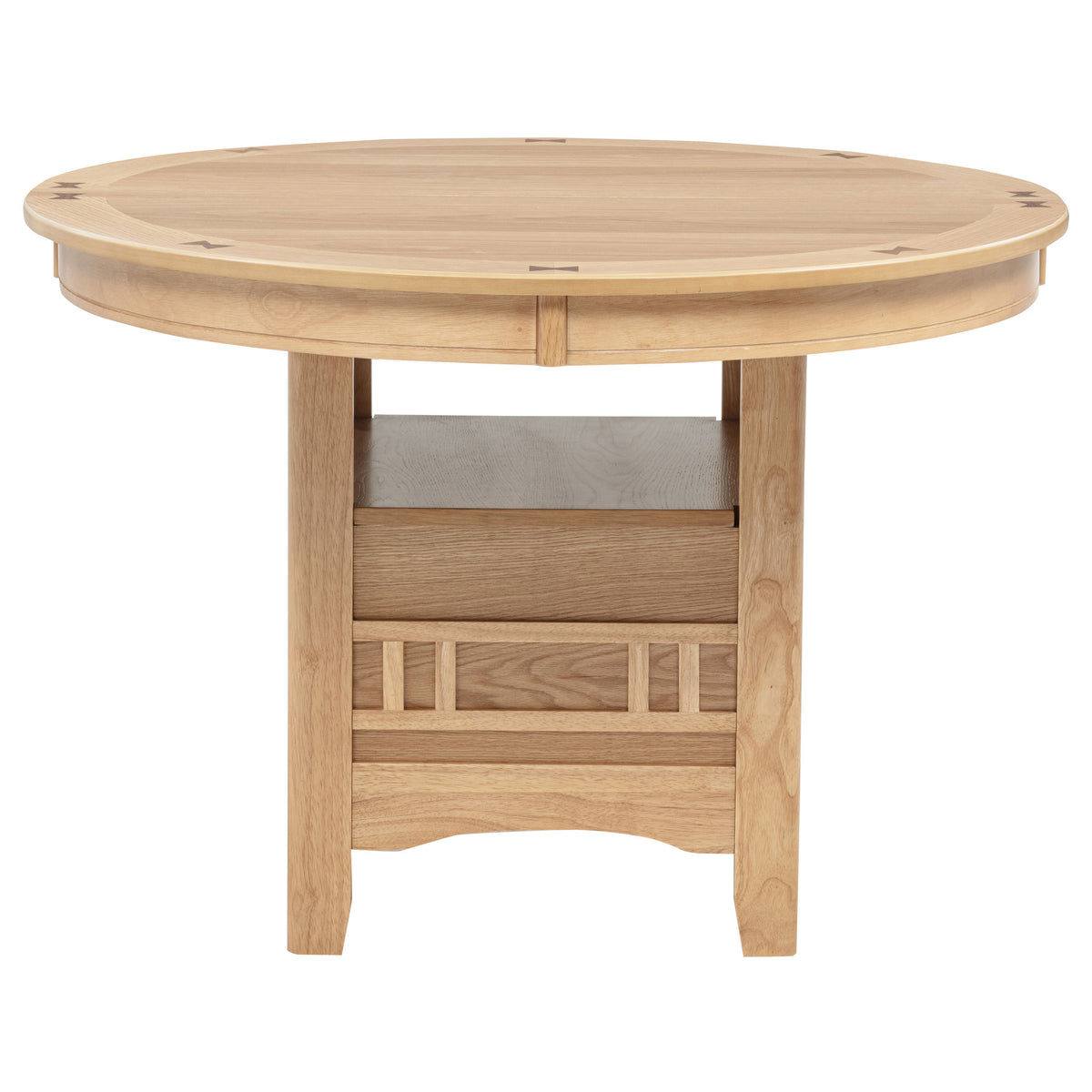 Light oak round dining table, three-quarter view on white studio background