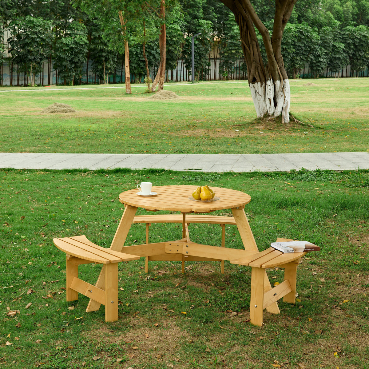 Natural Wood Round Picnic Table for 6 with Umbrella Hole