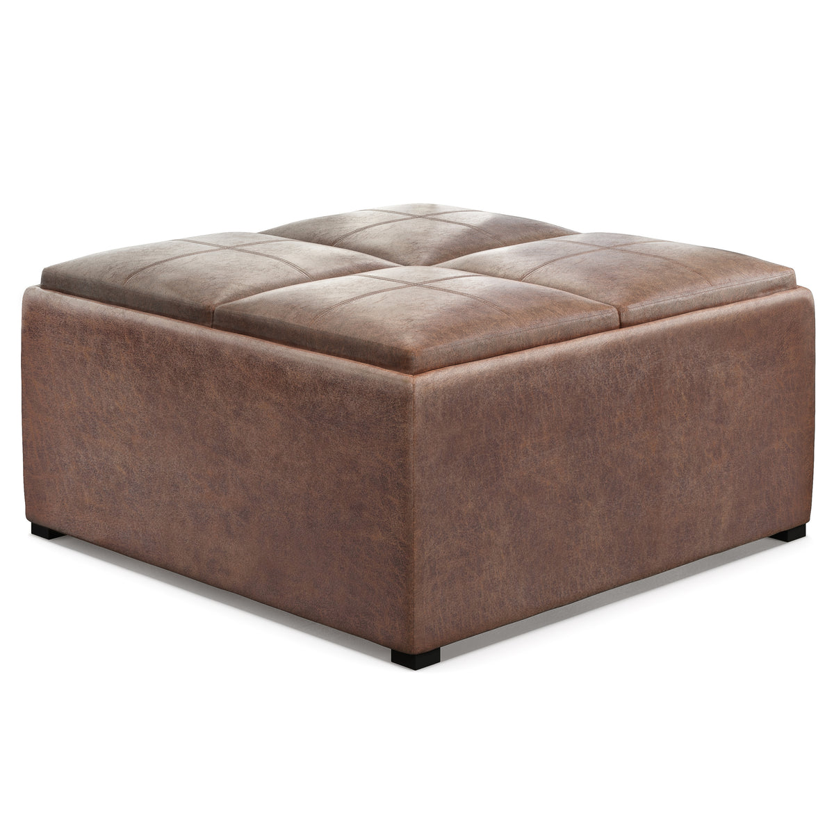 Brown Faux Leather Square Storage Ottoman Coffee Table with Trays, 35 in