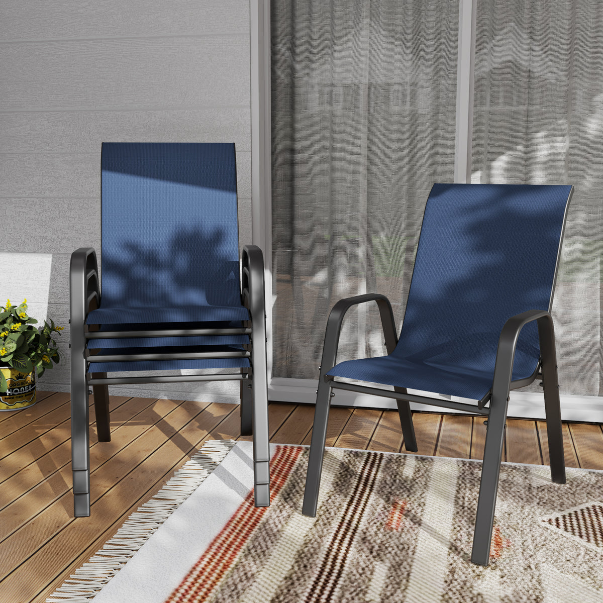 Navy Blue Metal Outdoor Dining Chair, Set of 4