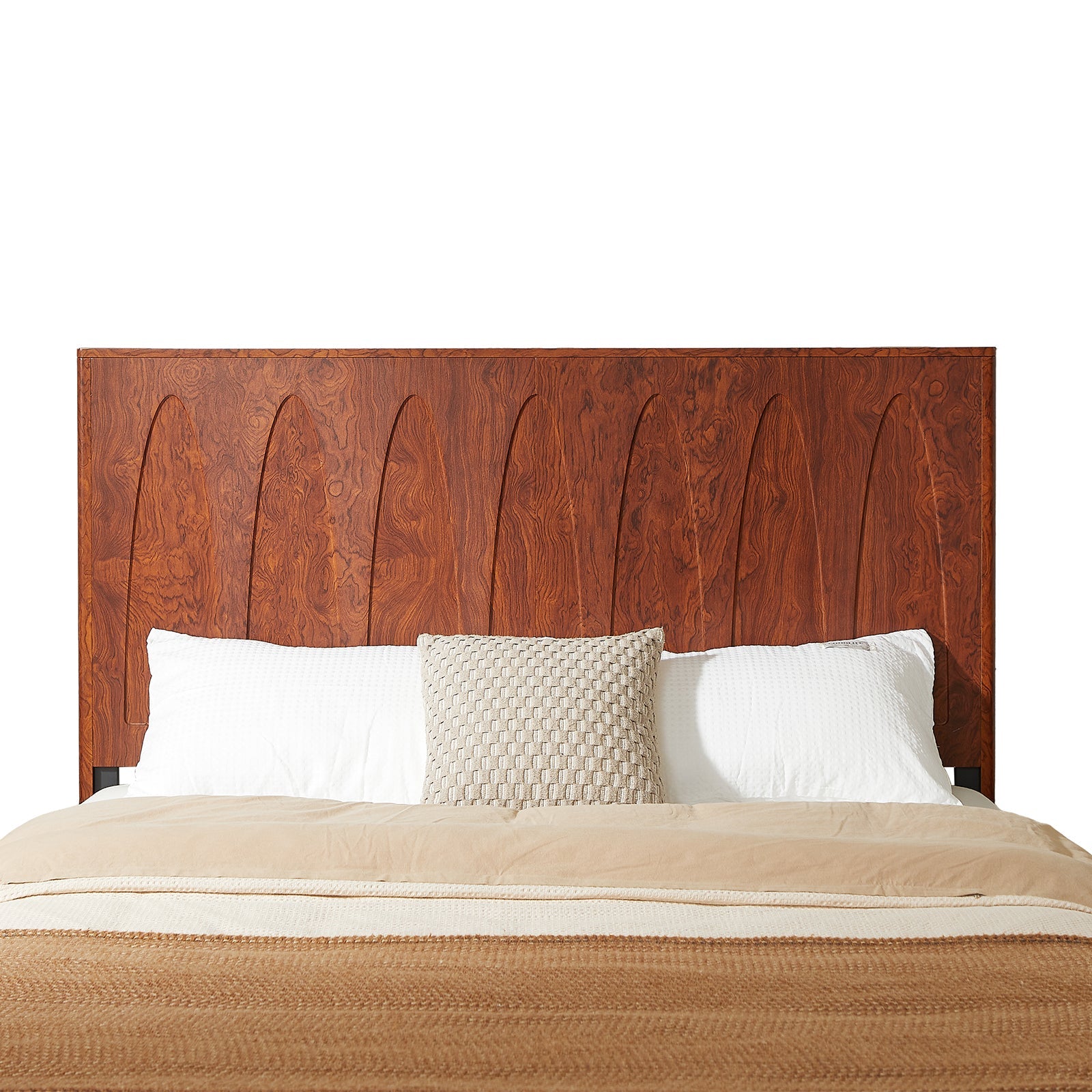 Front close-up of arched cathedral-groove dark reddish-brown burl wood headboard with pillows, on white #Color_Natural