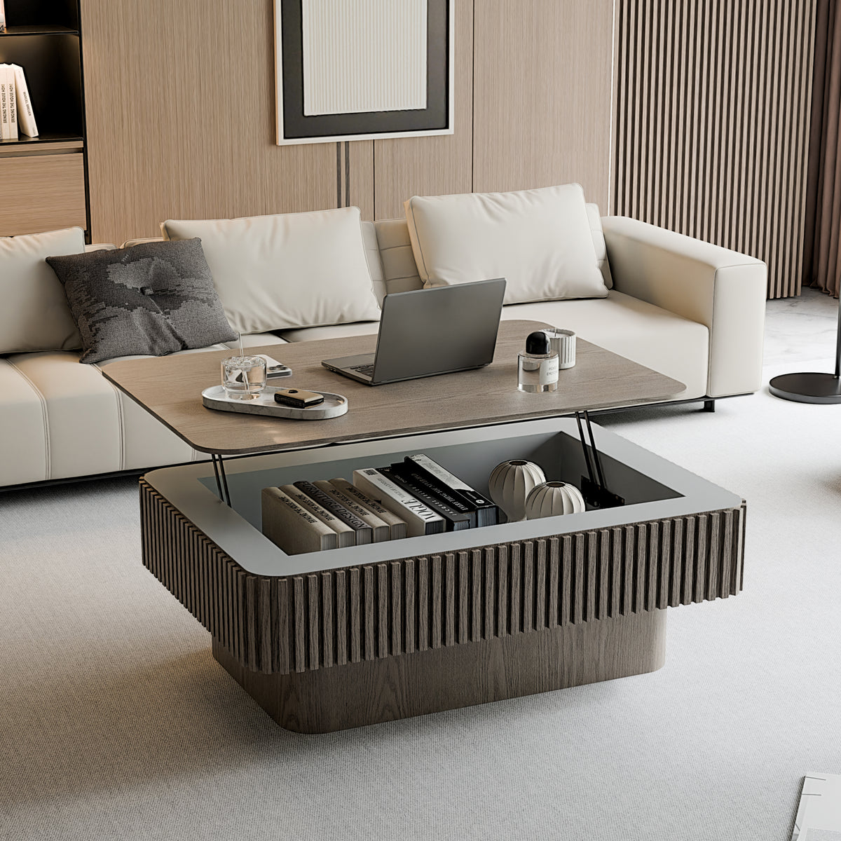 Gray Fluted Rectangular Lift-Top Coffee Table with Storage, 38.6 in