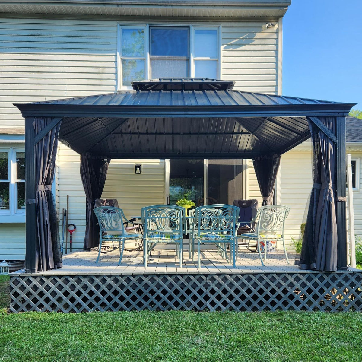 12x14 ft Gray Aluminum Double Roof Hardtop Gazebo with Netting and Curtains