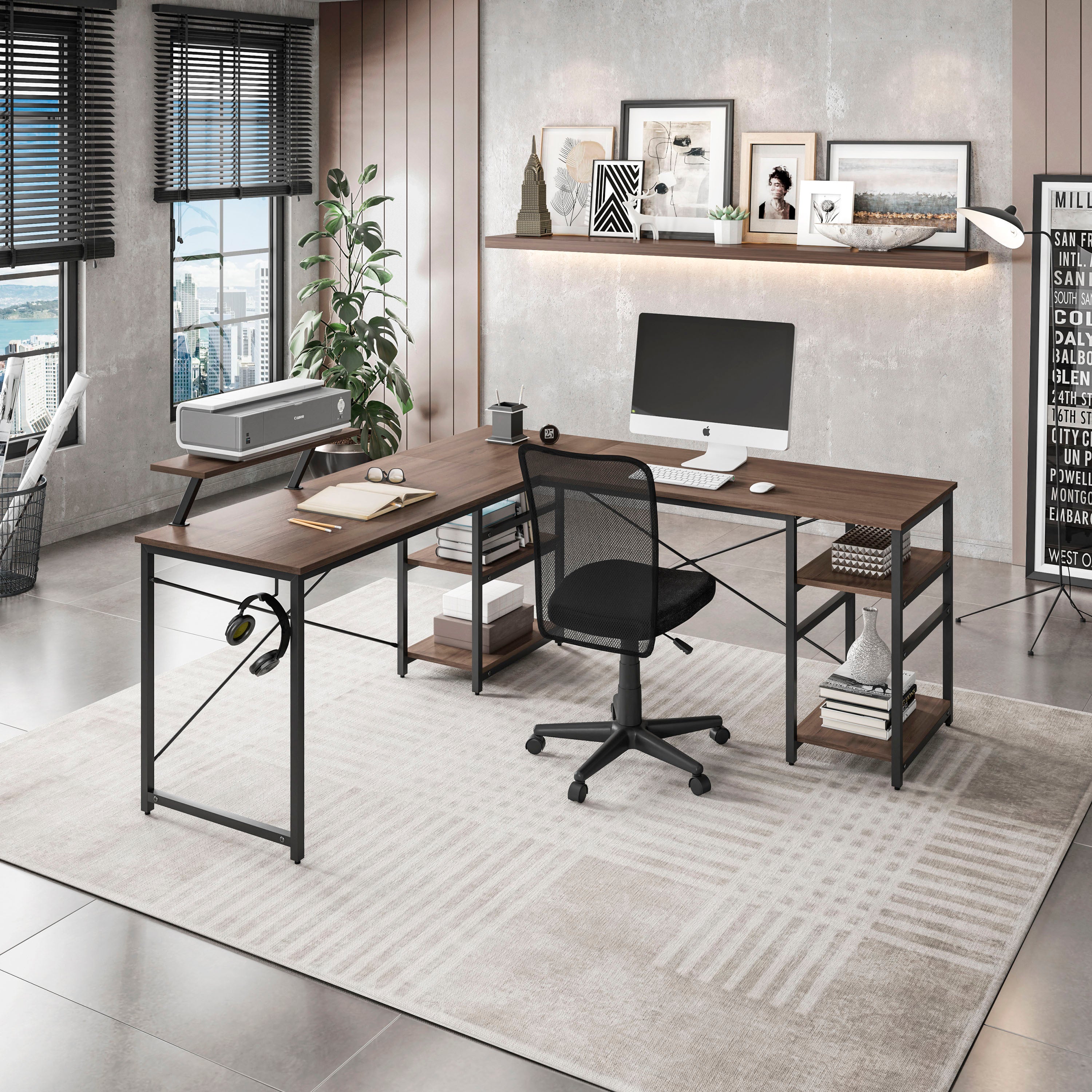 Industrial Computer Desk, L-Shaped, 59 in, Walnut