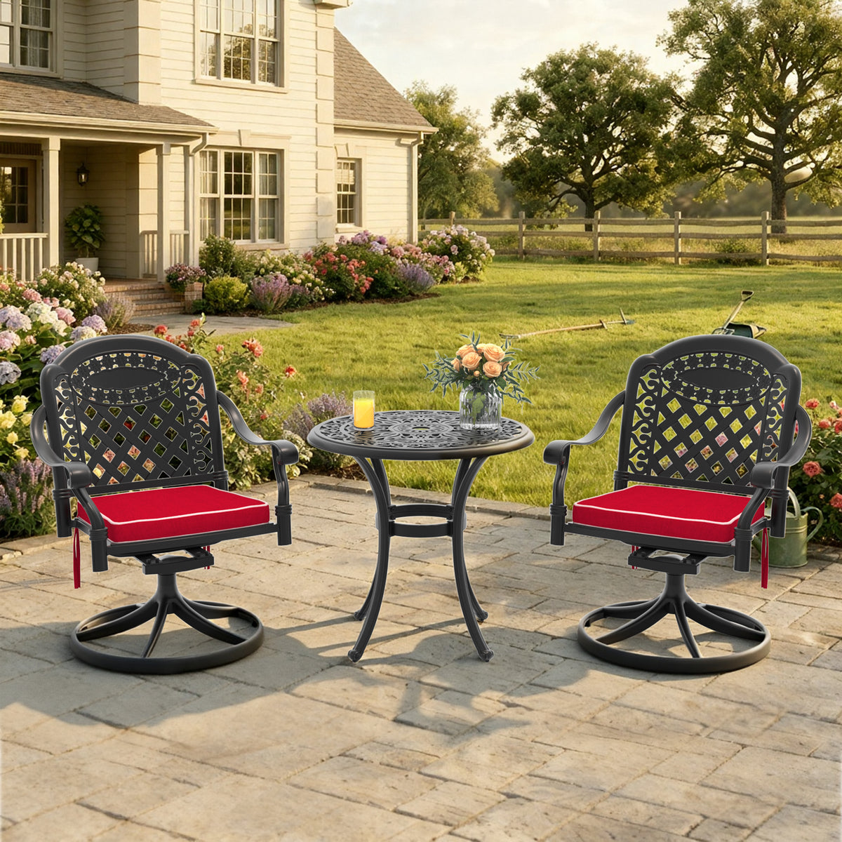 Black Aluminum 3-Piece Patio Dining Set for 2 with Cushions