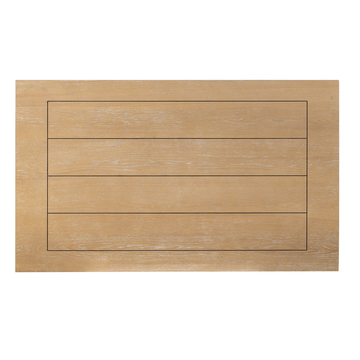 Overhead view of the farmhouse table showing the plank-inset natural wood wash tabletop