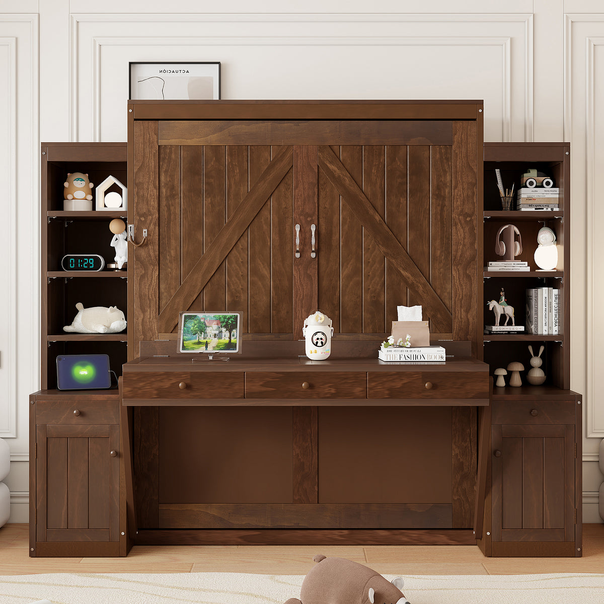 Queen Murphy Bed with Desk, Drawers and Cabinets, Dark Brown