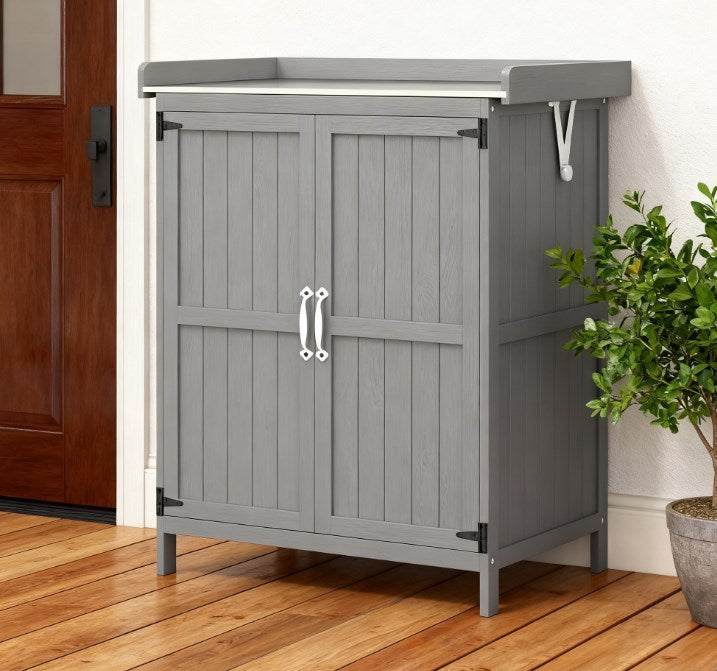 Gray Solid Wood Potting Bench, with Shelves