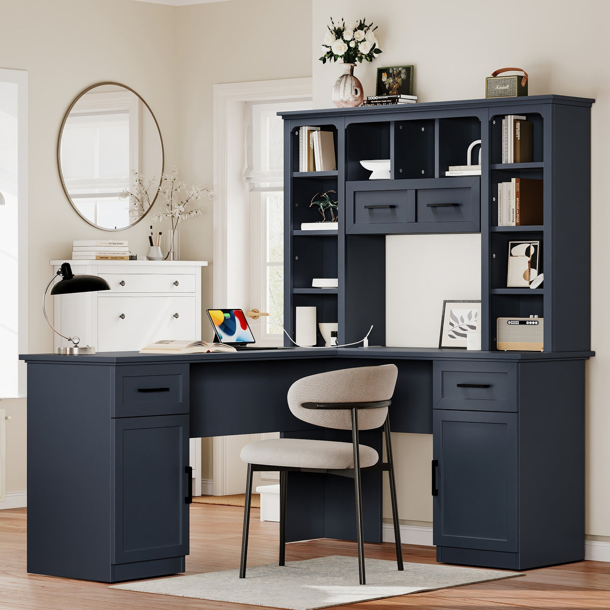 Computer Desk, 2 Drawers, L-Shaped, 65 in, Antique Blue