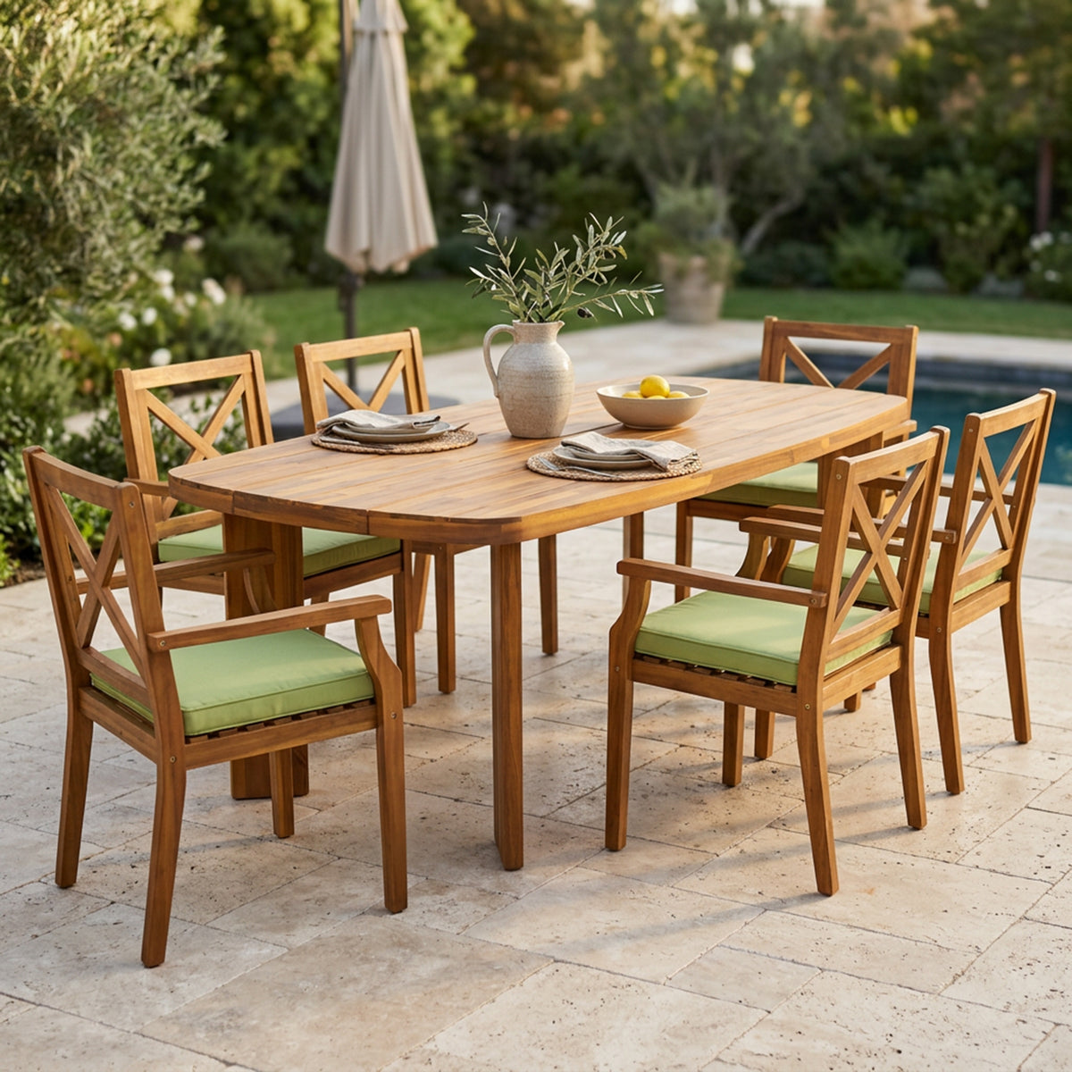 Teak Finish Solid Wood Patio Dining Set for 6 with Green Cushions