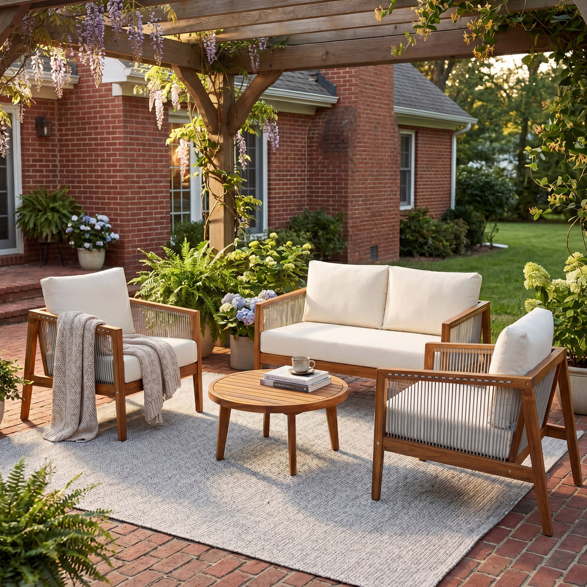 Teak Finish Solid Wood 4-Piece Outdoor Sofa Set, Beige Cushion
