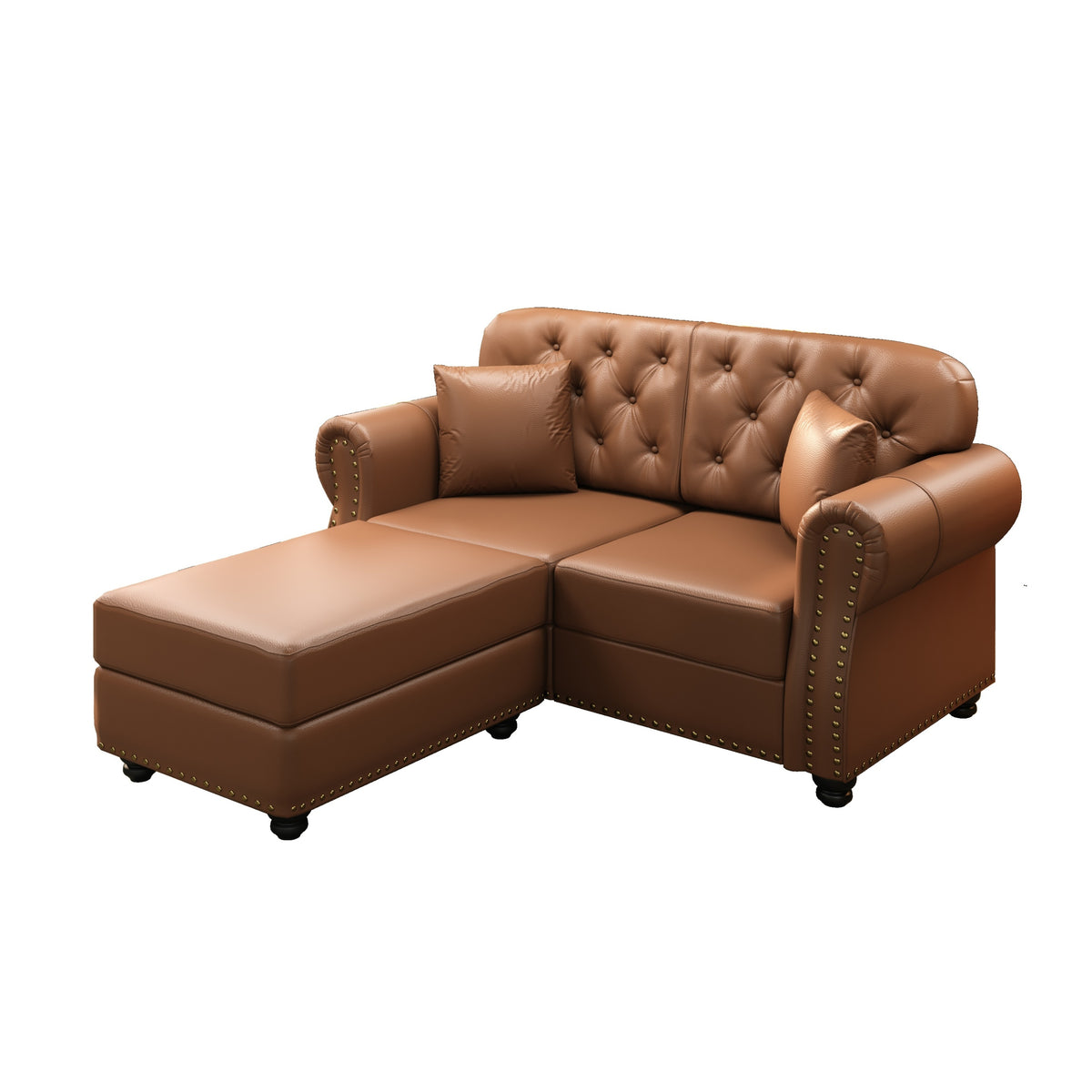 Brown Vegan Leather 2-Seat Chesterfield Sofa, 63 in Wide