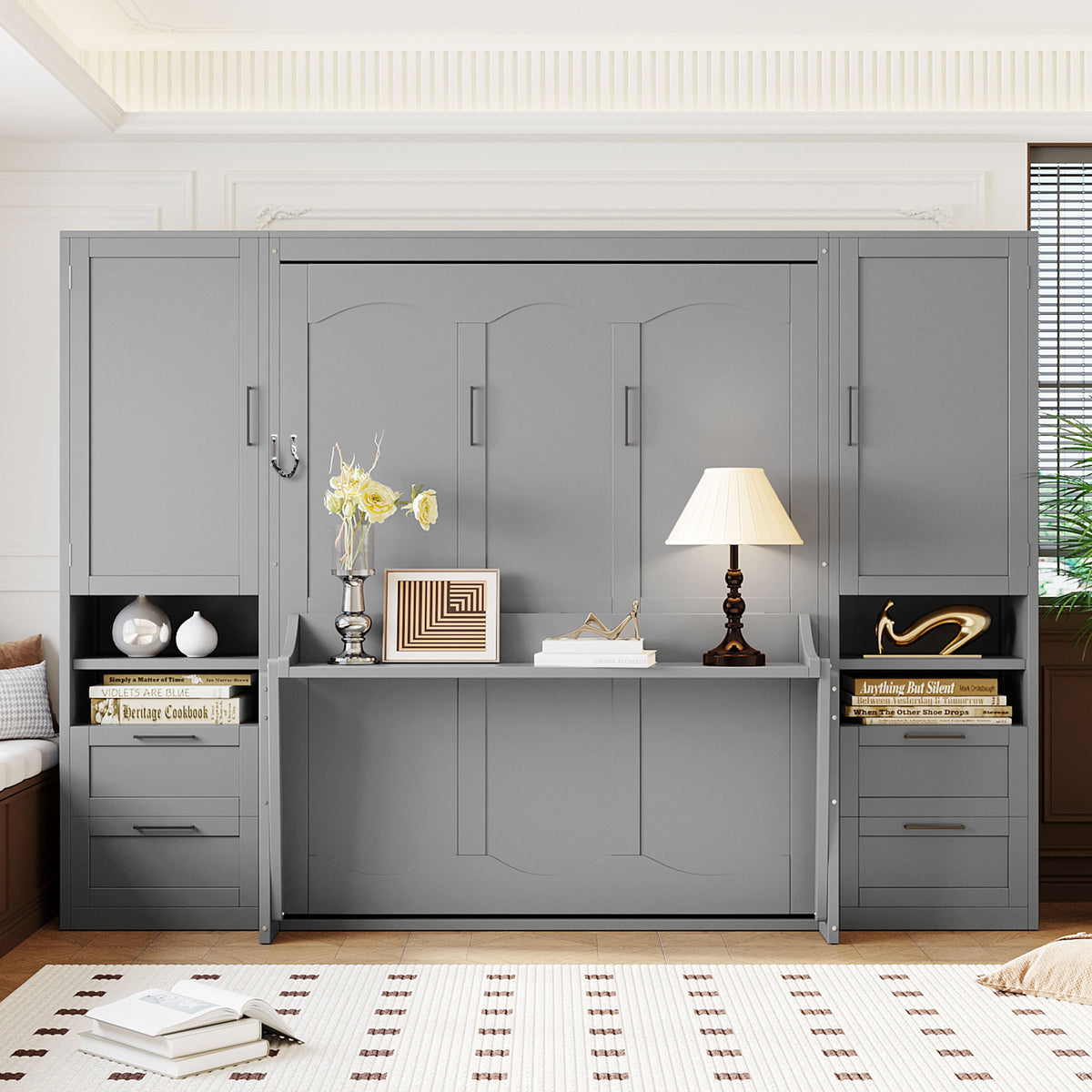 Queen Murphy Bed with Closet, Drawers & Shelves, Gray