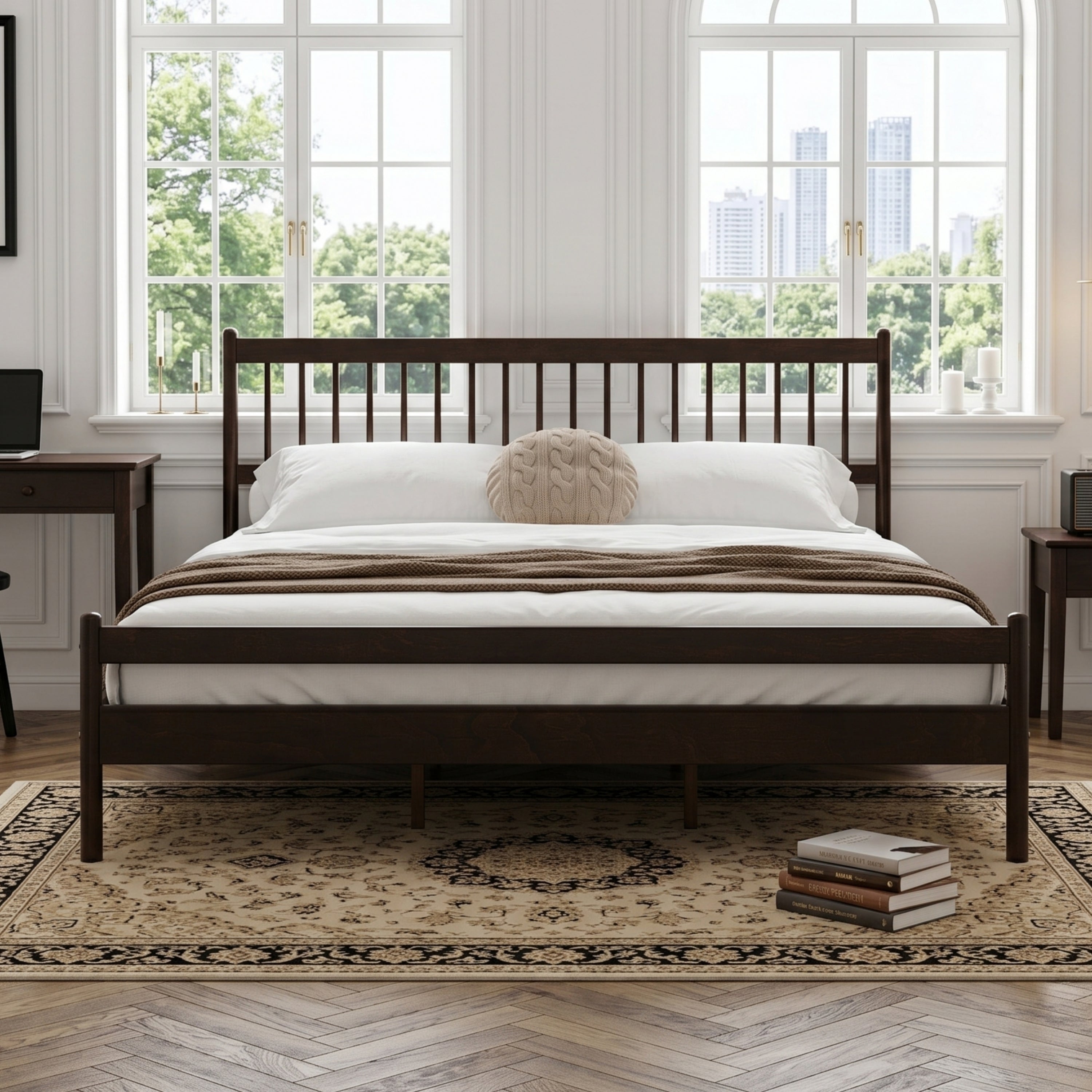 Brown pine king bed with slatted headboard in a sunlit bedroom