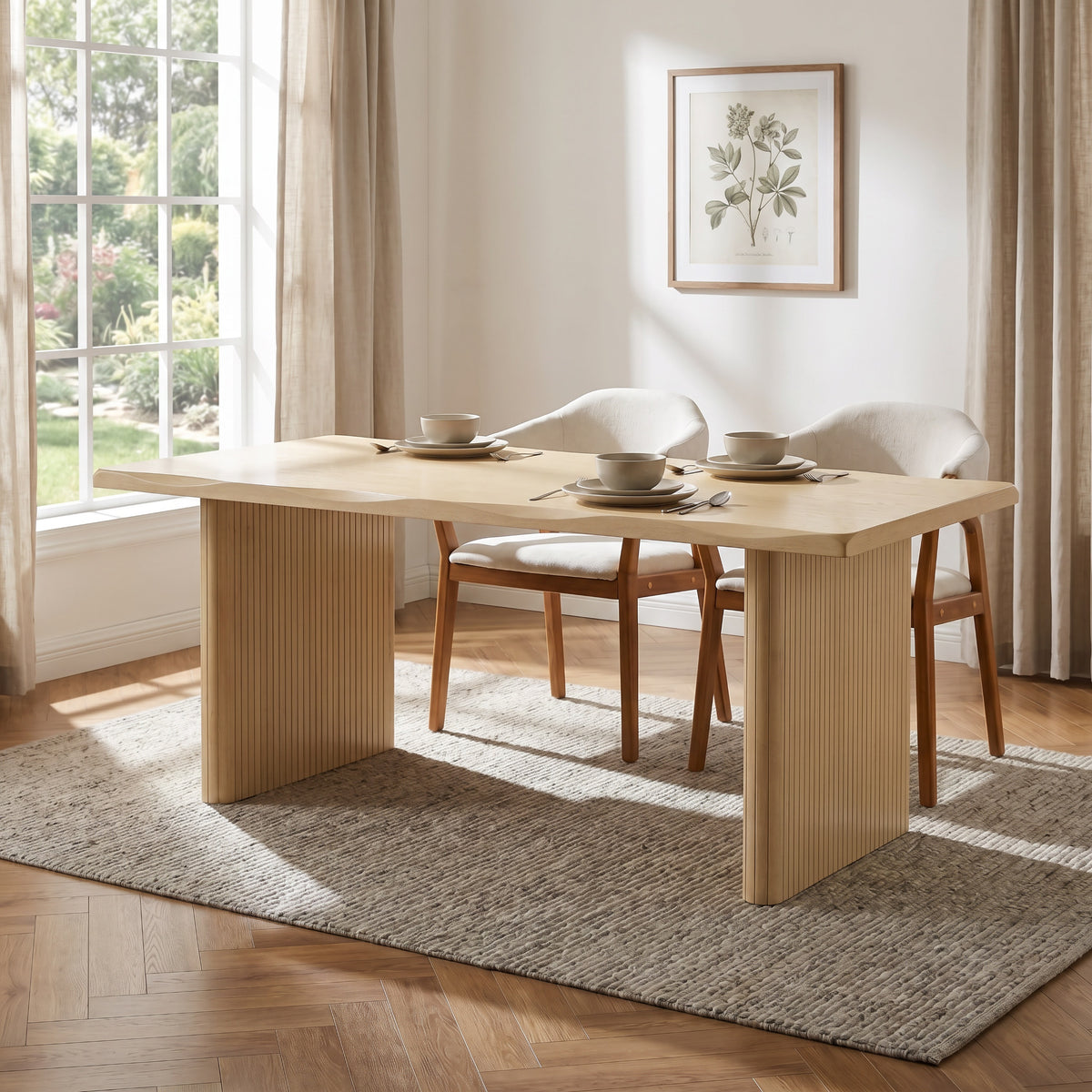 Natural oak scalloped-edge dining table set with bowls in a sunlit dining room