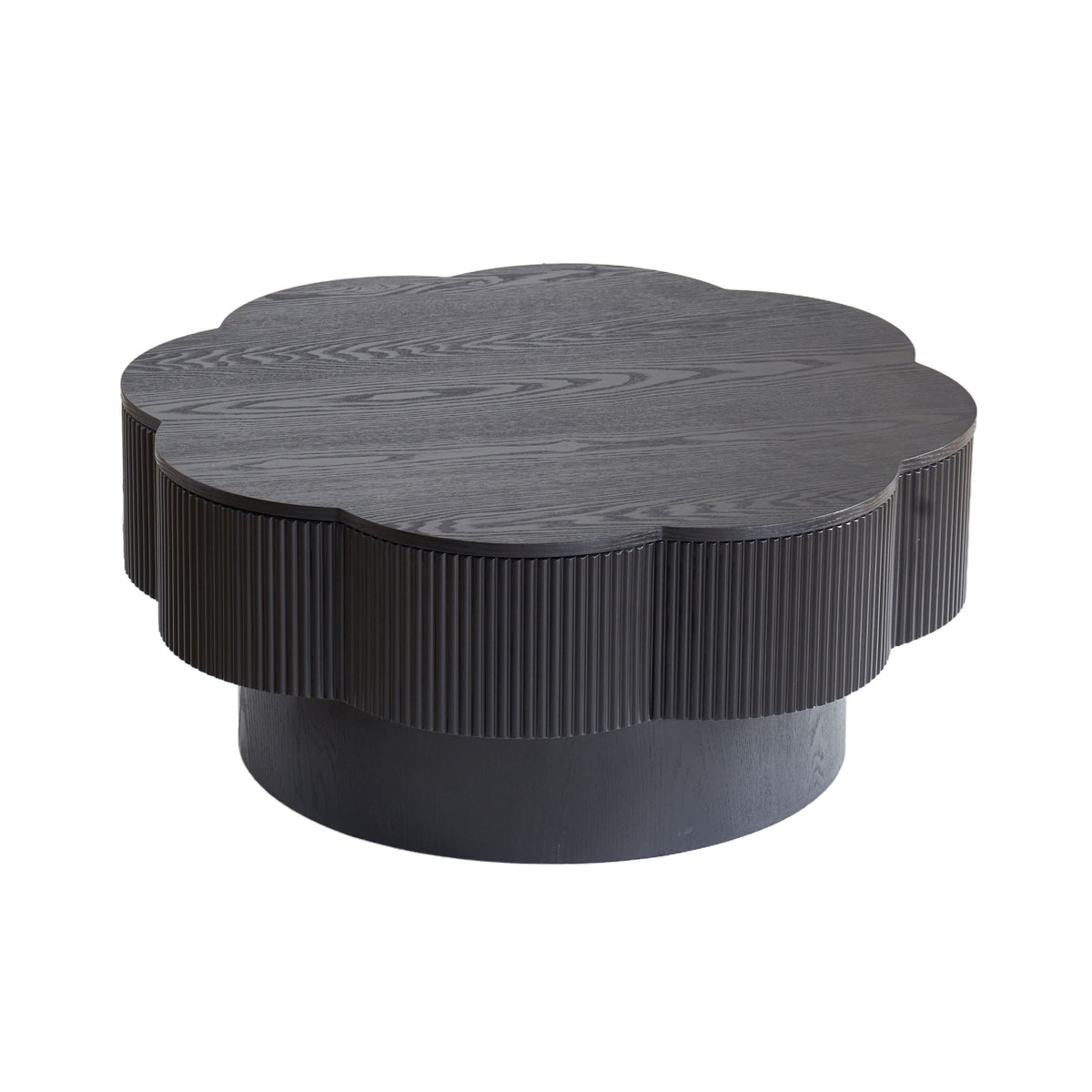 Black Fluted Flower-Shaped Pedestal Coffee Table with Storage, 31.5 in