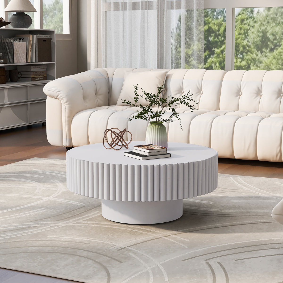 White Fluted Round Drum Coffee Table, 31.5 in