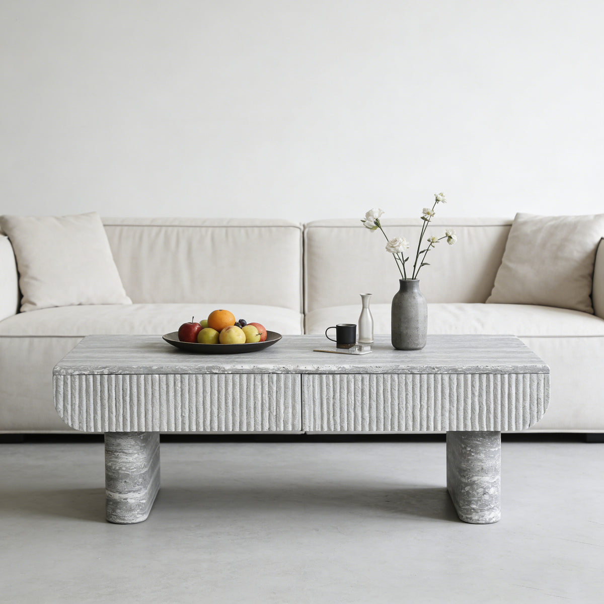 Gray Travertine-Look Fluted Coffee Table with Drawers, 46.9 in