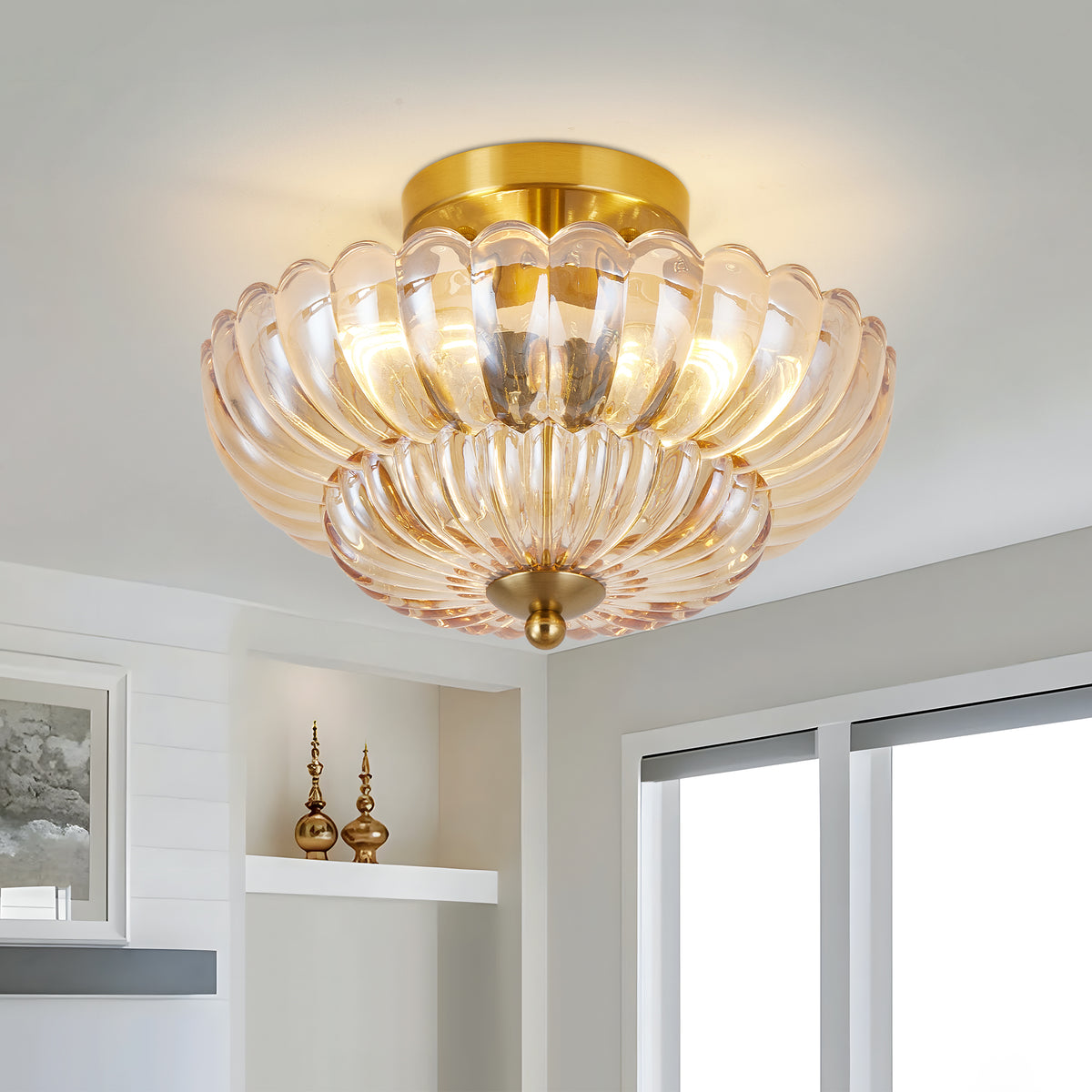 Semi-Flush Mount Light, 3-Light Flower Glass Shade, Amber