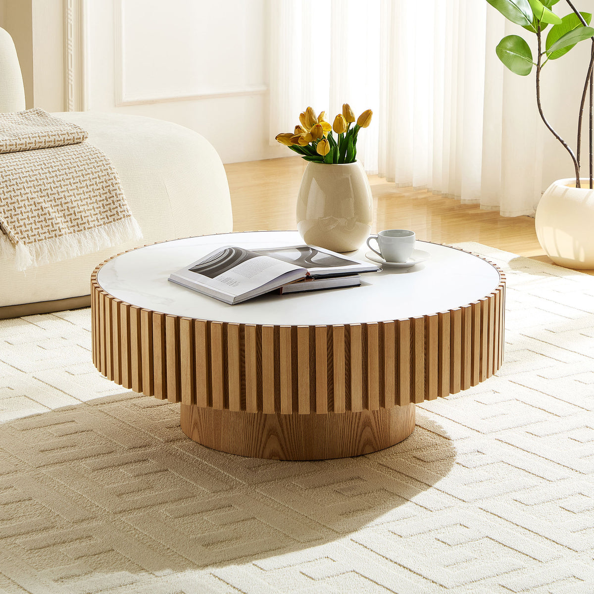 Oak Sintered Stone Round Slatted Coffee Table, 35.4 in