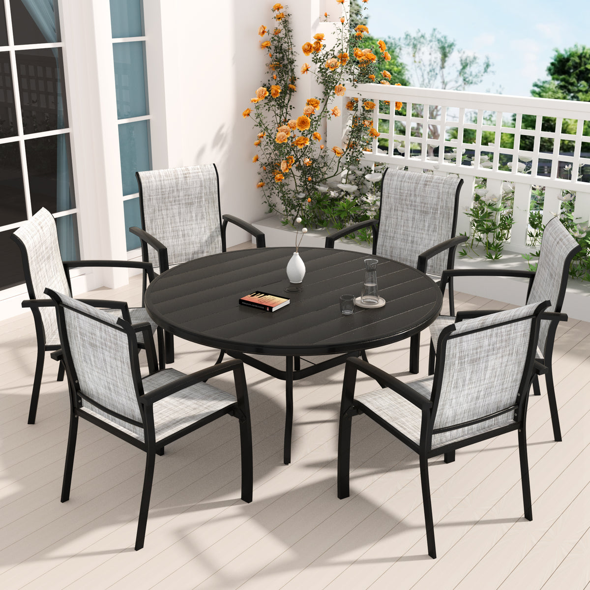 Metal Stackable 7-Piece Patio Dining Set for 6, Round