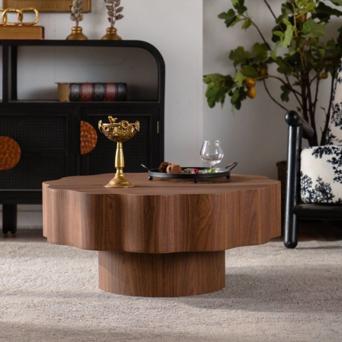 Walnut Scalloped Round Drum Coffee Table, 31.3 in