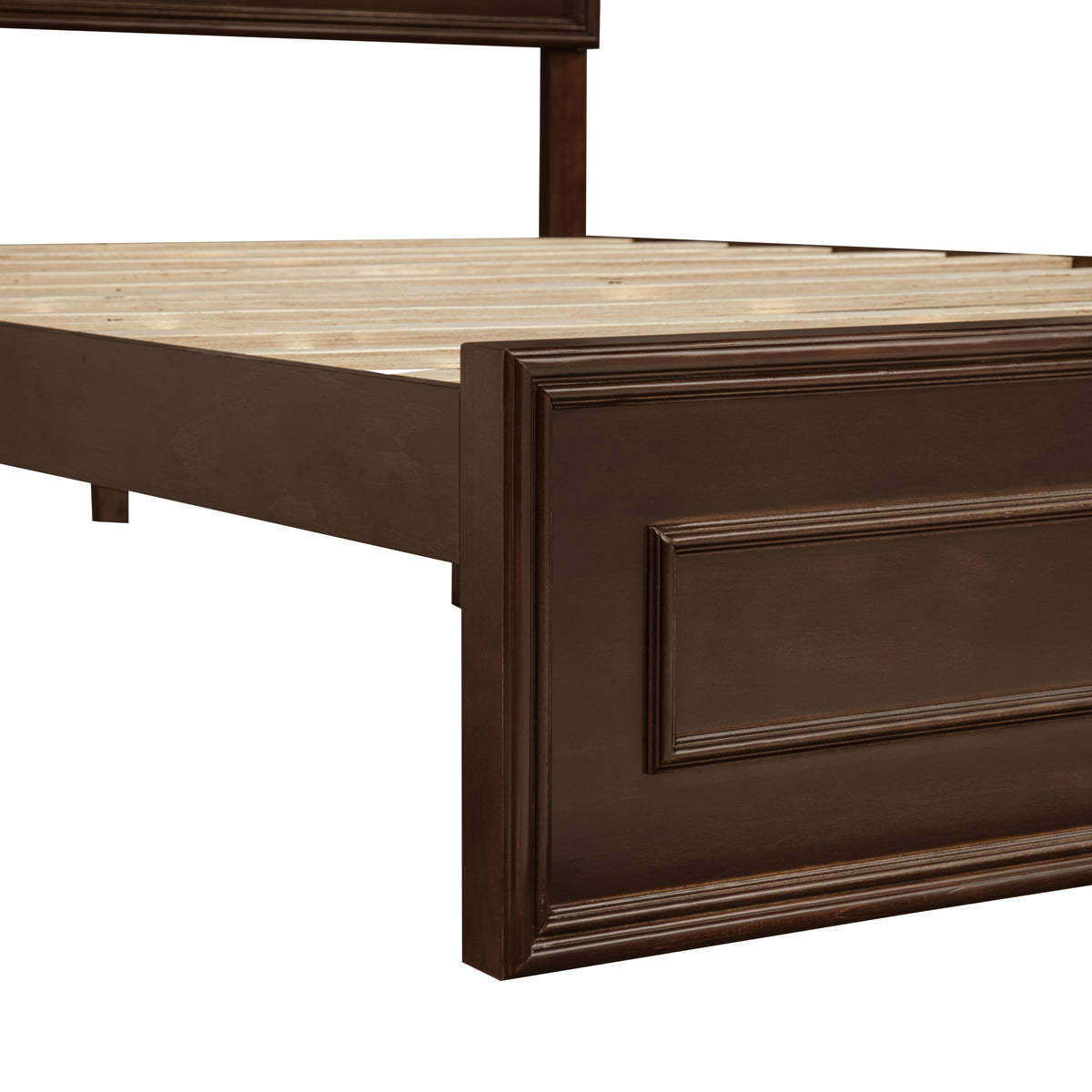 Closeup of rich brown queen footboard recessed panels with exposed wood slats