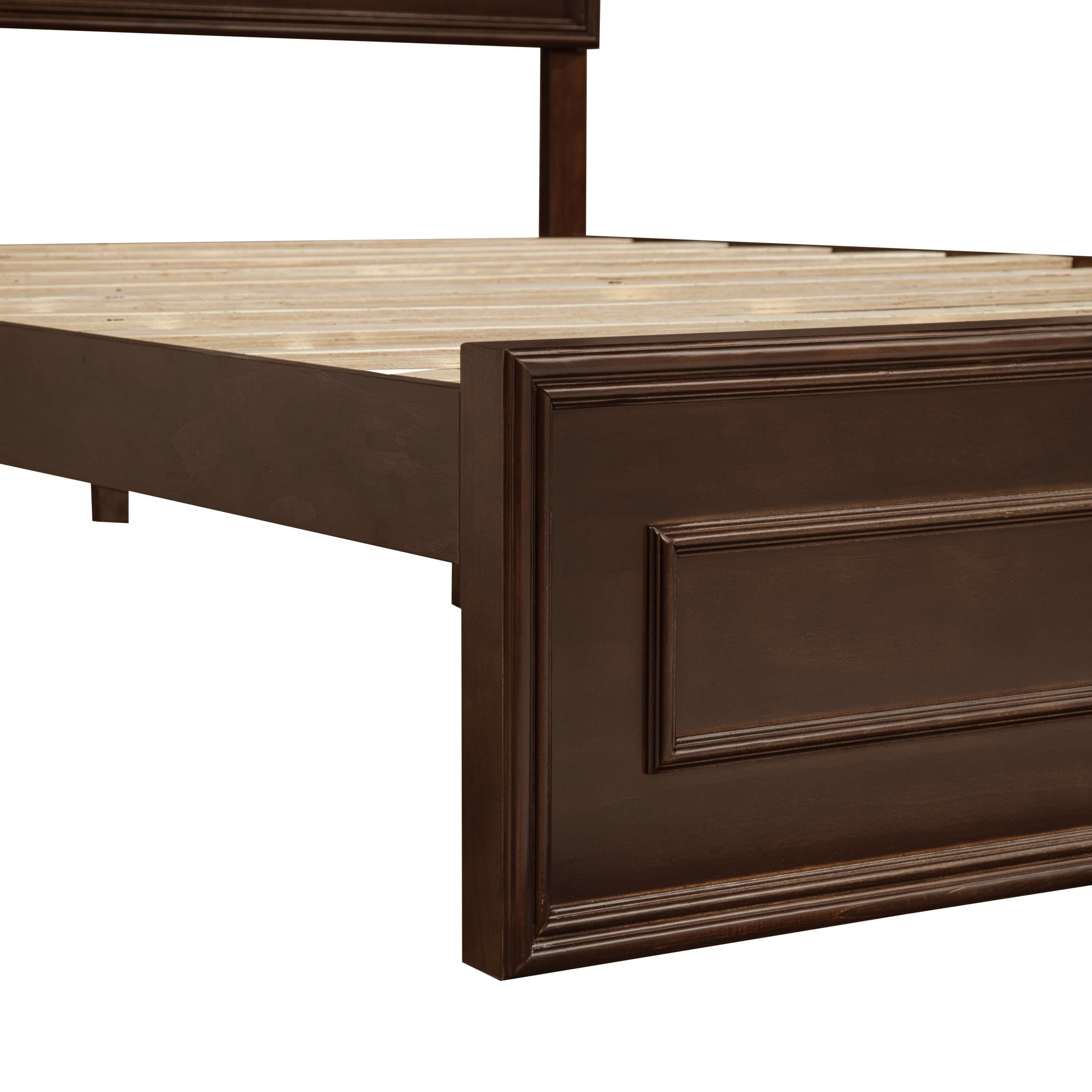 Closeup of rich brown queen footboard recessed panels with exposed wood slats #Color_Rich Brown