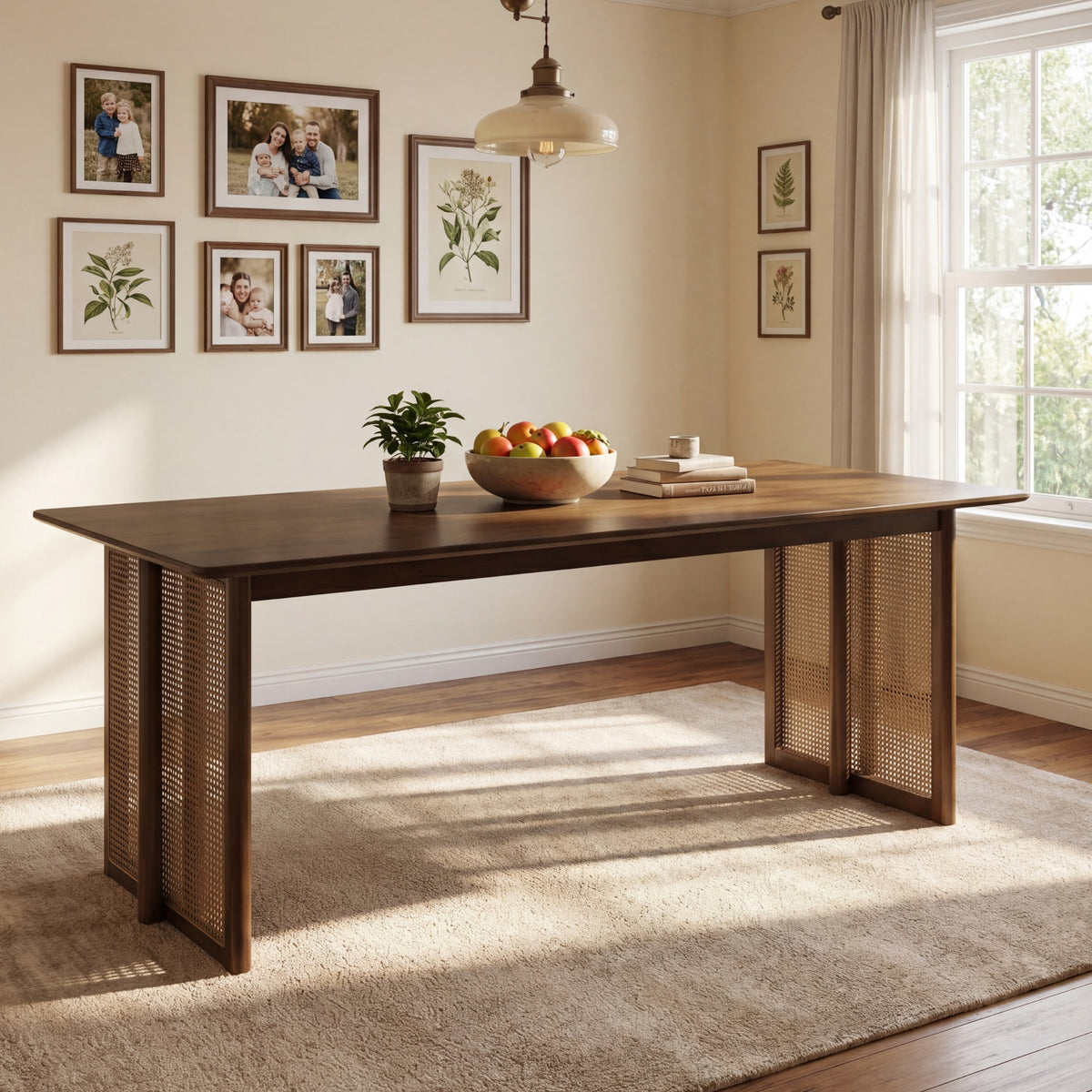 Walnut solid wood dining table with cane legs styled with fruit and a plant below a photo gallery wall