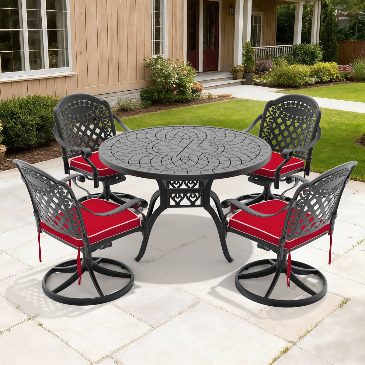 Black Aluminum 5-Piece Patio Dining Set for 4 with Cushions, Swivel, Round