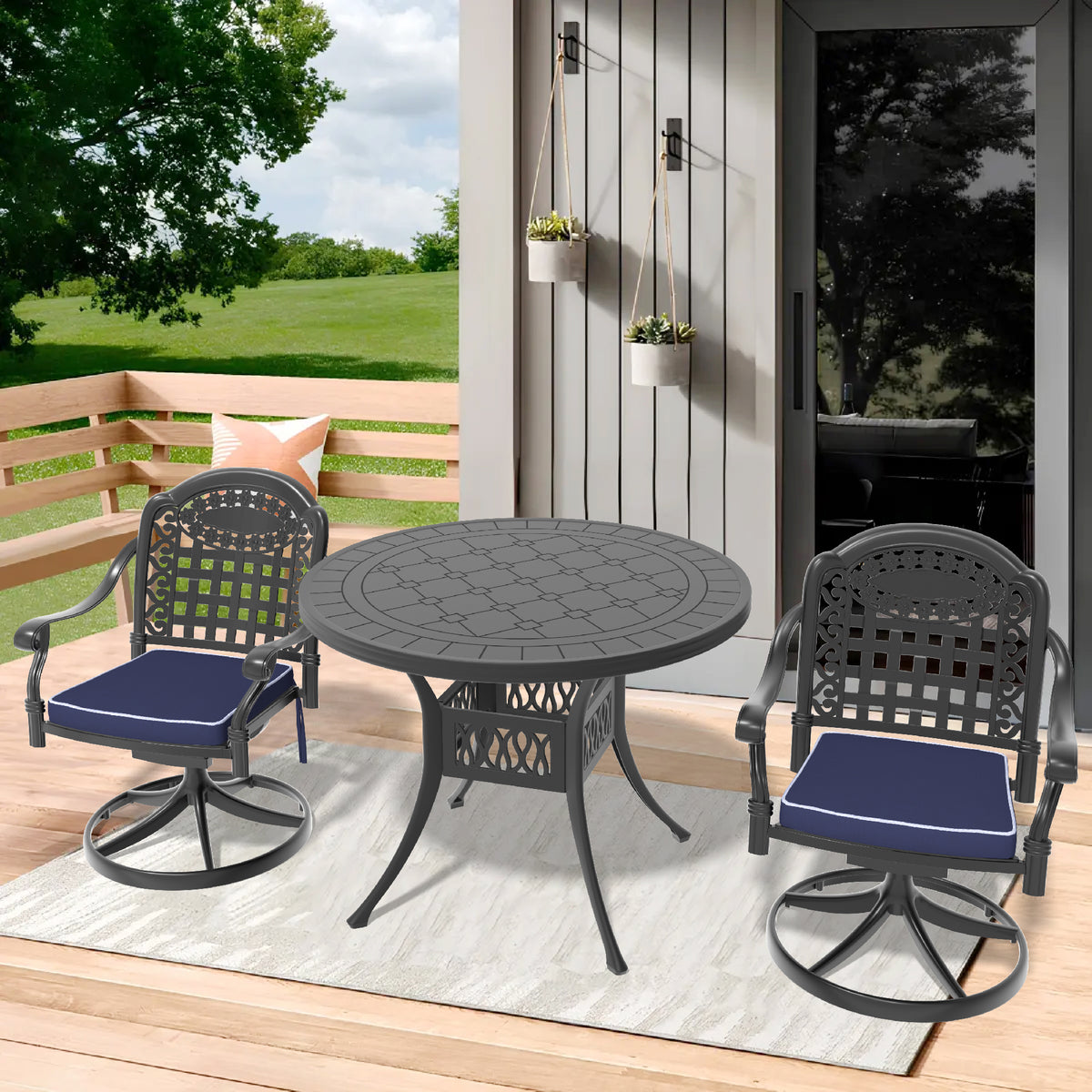 Black Aluminum 3-Piece Patio Dining Set for 2 with Cushions