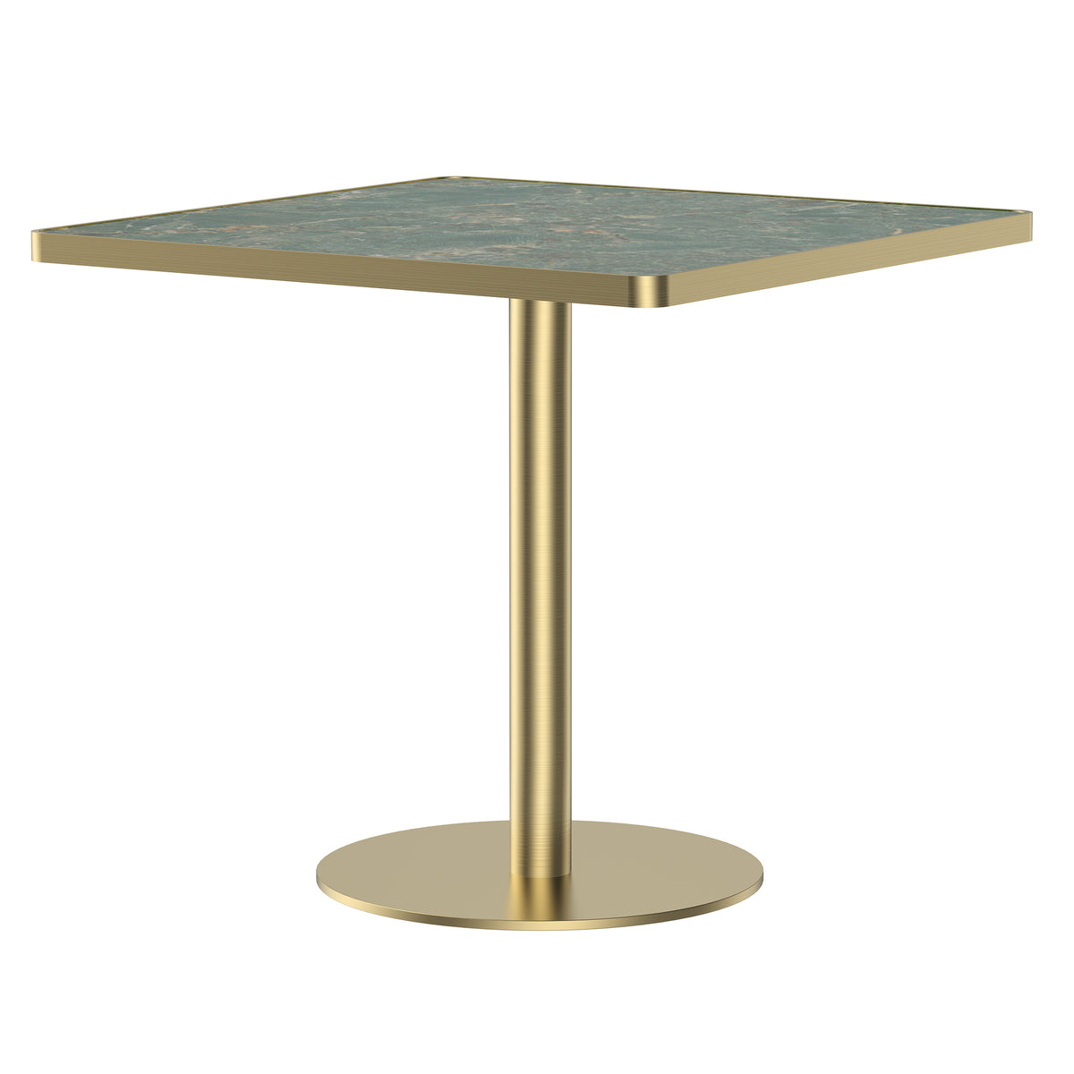Gold and green sintered stone square dining table, front three-quarter view, white studio