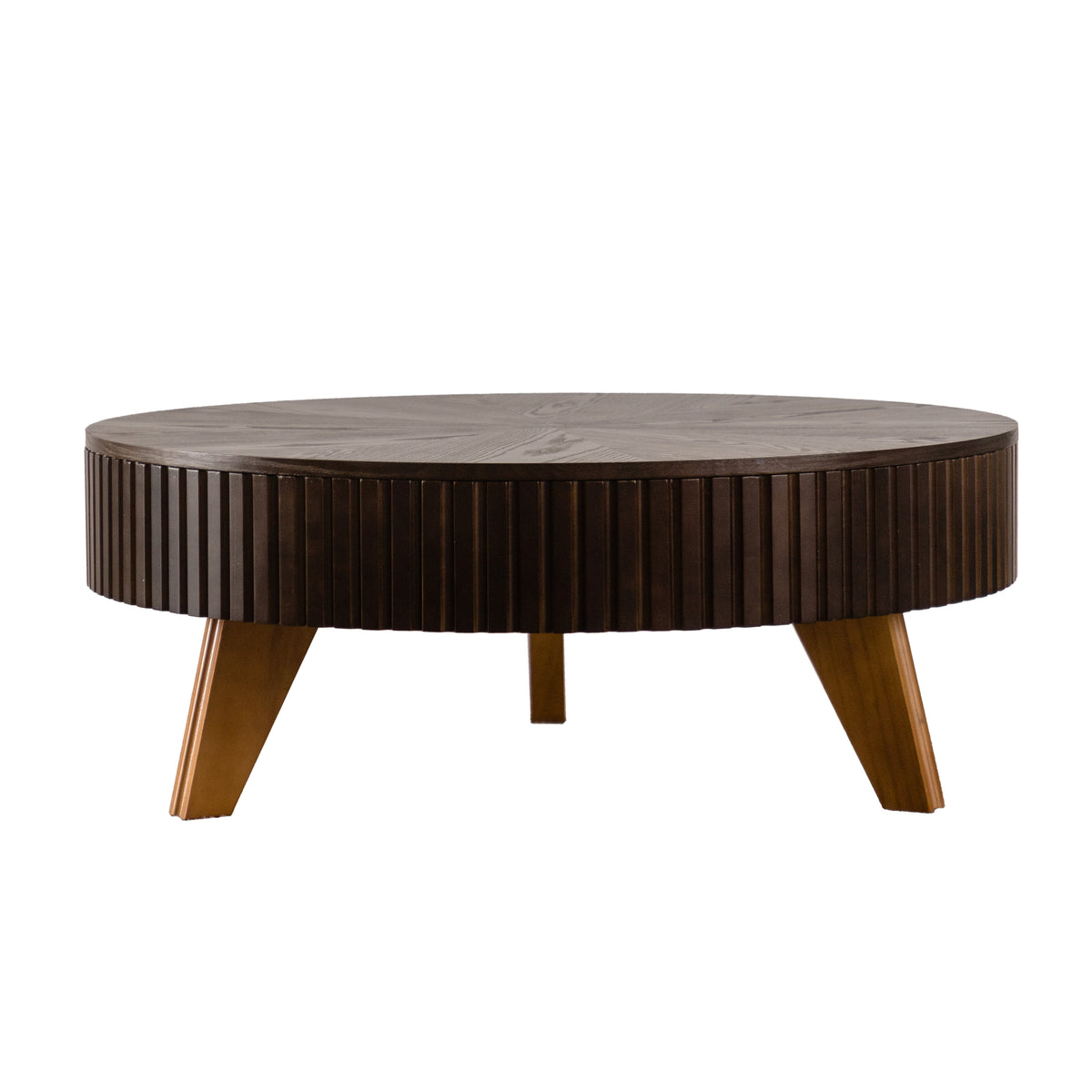 Brown Fluted Round Swivel-Top Coffee Table with Storage, 39.4 in