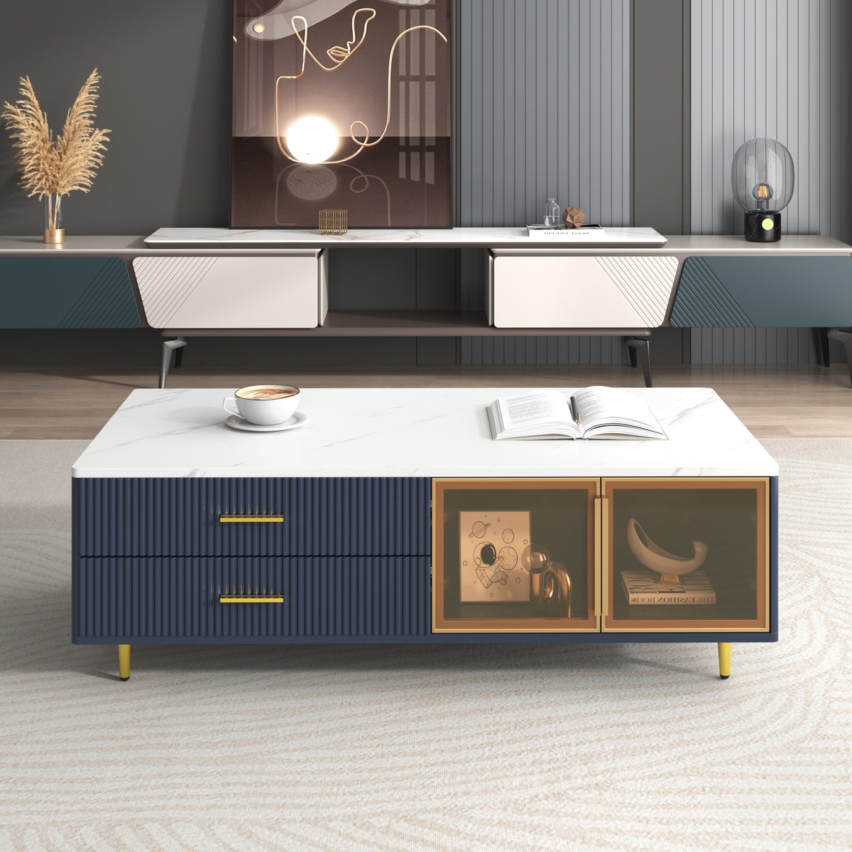Navy Blue Fluted Coffee Table with 4 Drawers and LED Lights, 47.2 in