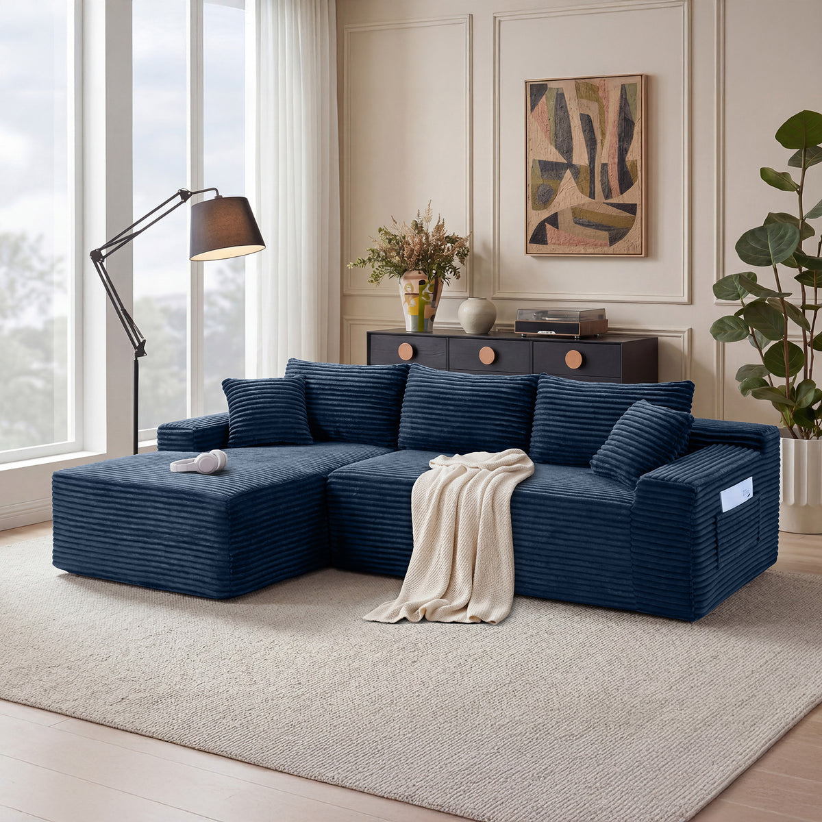 Blue Corduroy L-Shaped Modular Sectional, 94.5 in Wide, Left-Facing